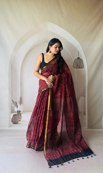 Maroon Kota Ajarakh Saree RAKHIYO