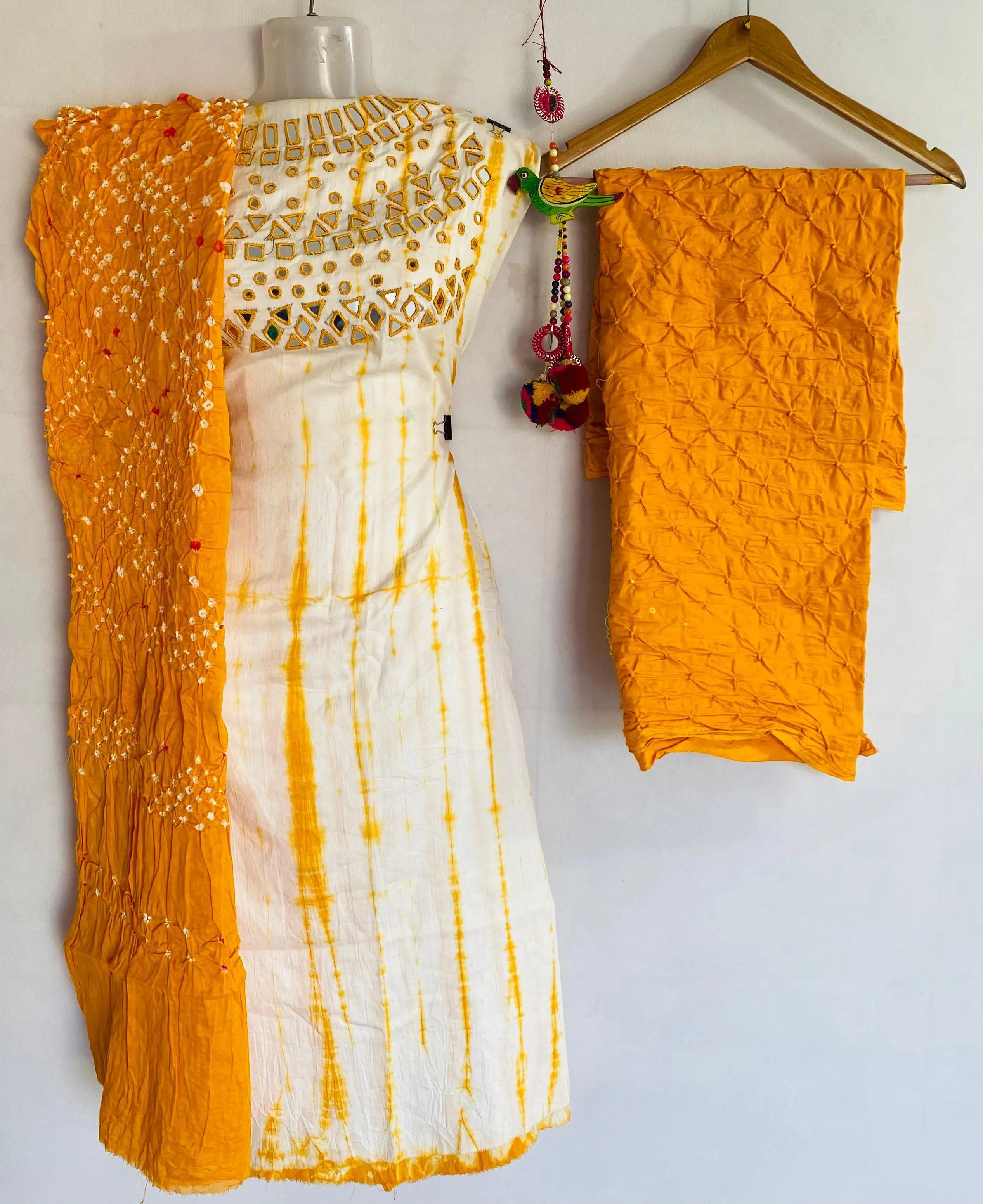 Yellow Bandhani Sibori Mirror Suit Material RAKHIYO