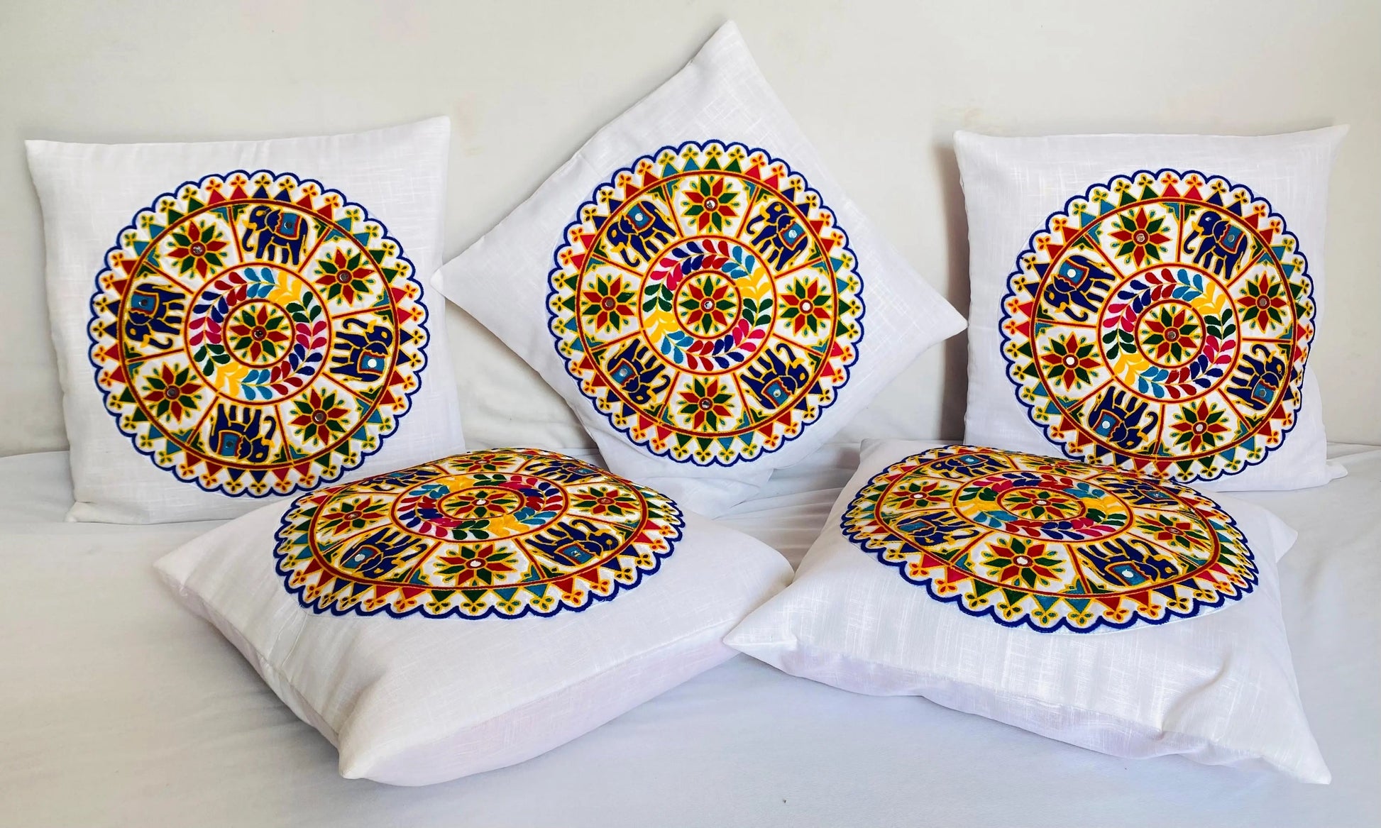 White Round Kutchhi Embroidered Cushion Cover RAKHIYO