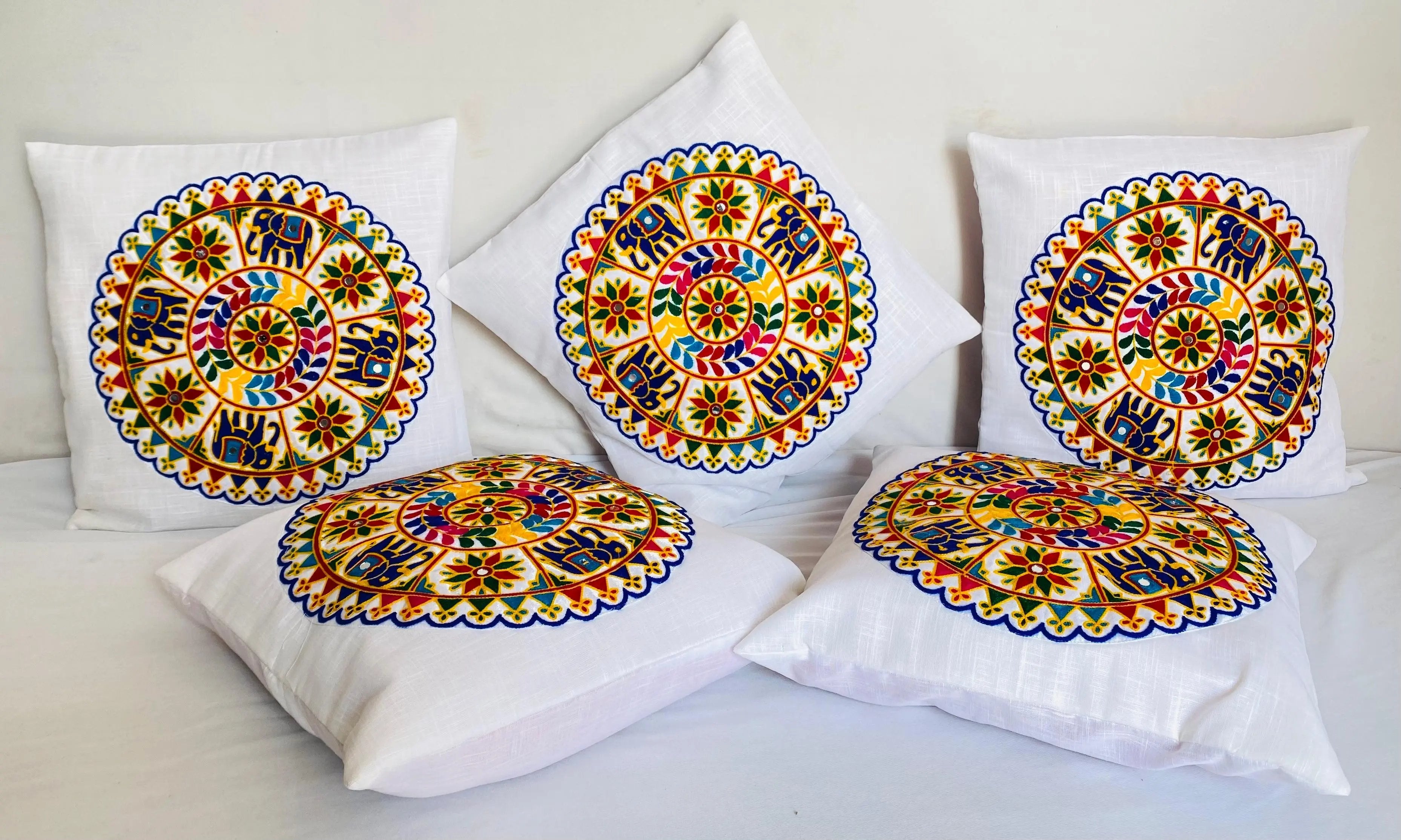 White Round Kutchhi Embroidered Cushion Cover RAKHIYO