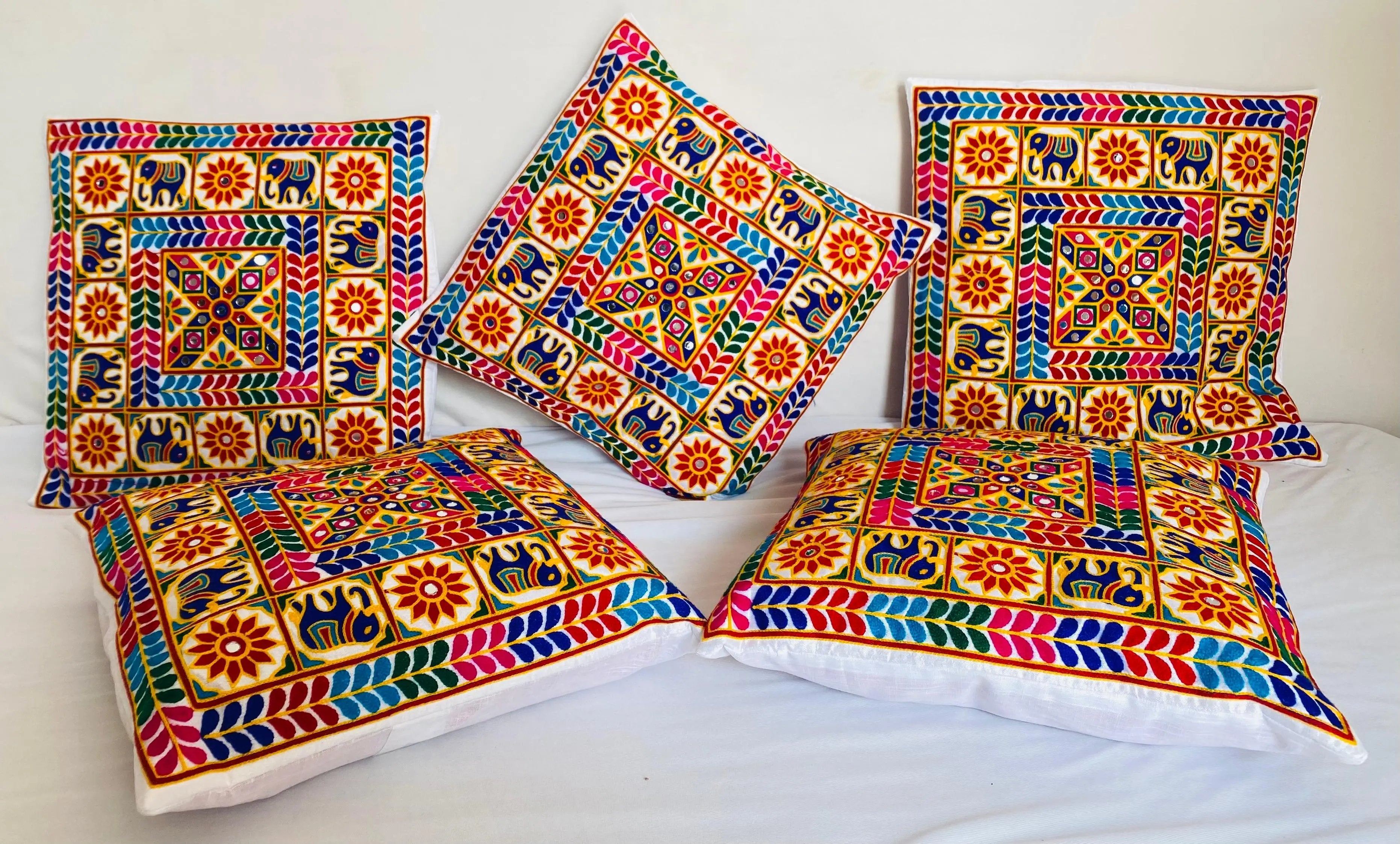 White Square Kutchhi Embroidered Cushion Cover RAKHIYO