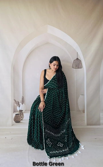 Bottle Green Bandhani Edging Gaji Saree RAKHIYO