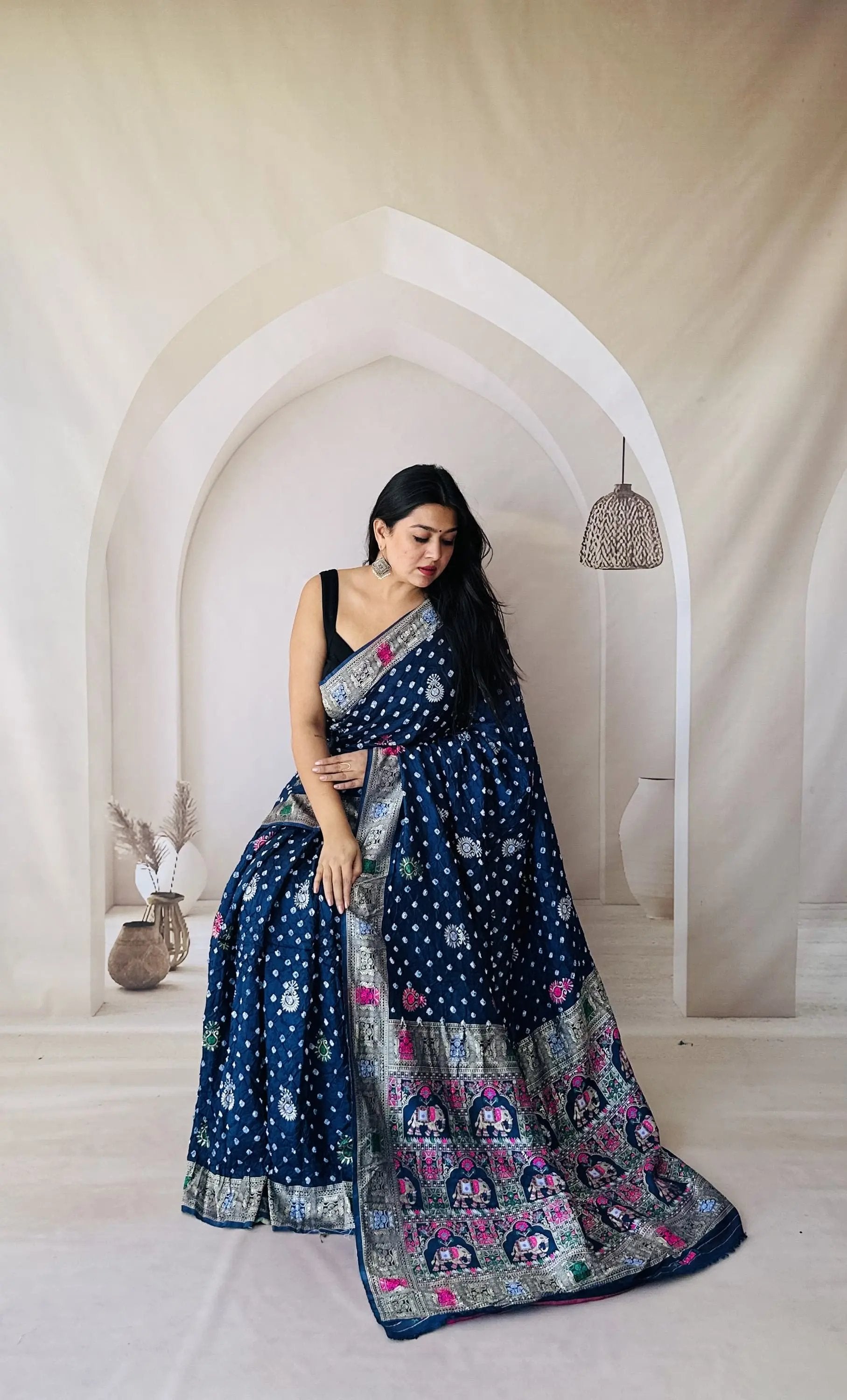 Navy Blue Patola-Bandhani Dupian Silk Saree RAKHIYO