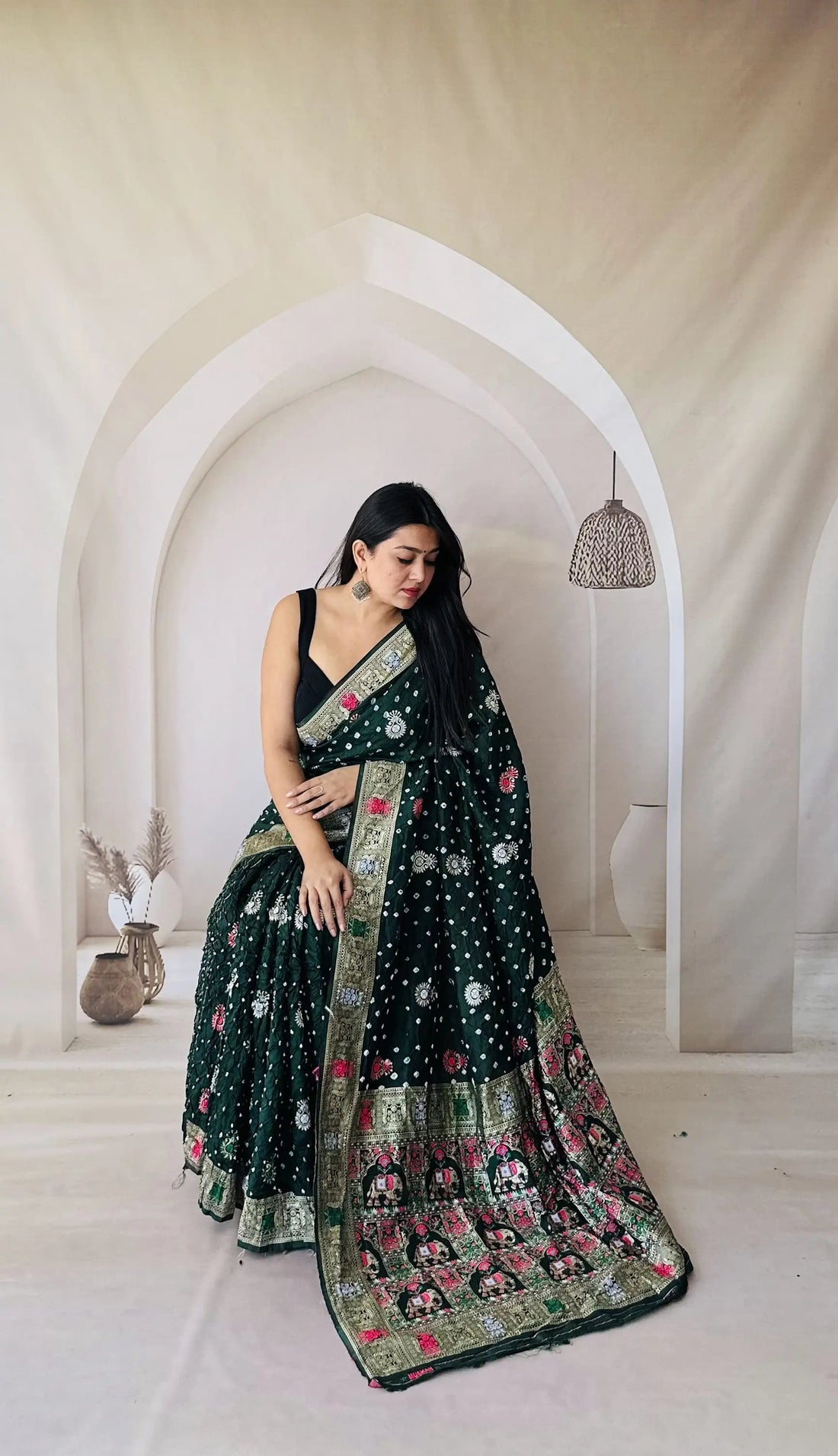 Bottle Green Patola-Bandhani Dupian Silk Saree RAKHIYO