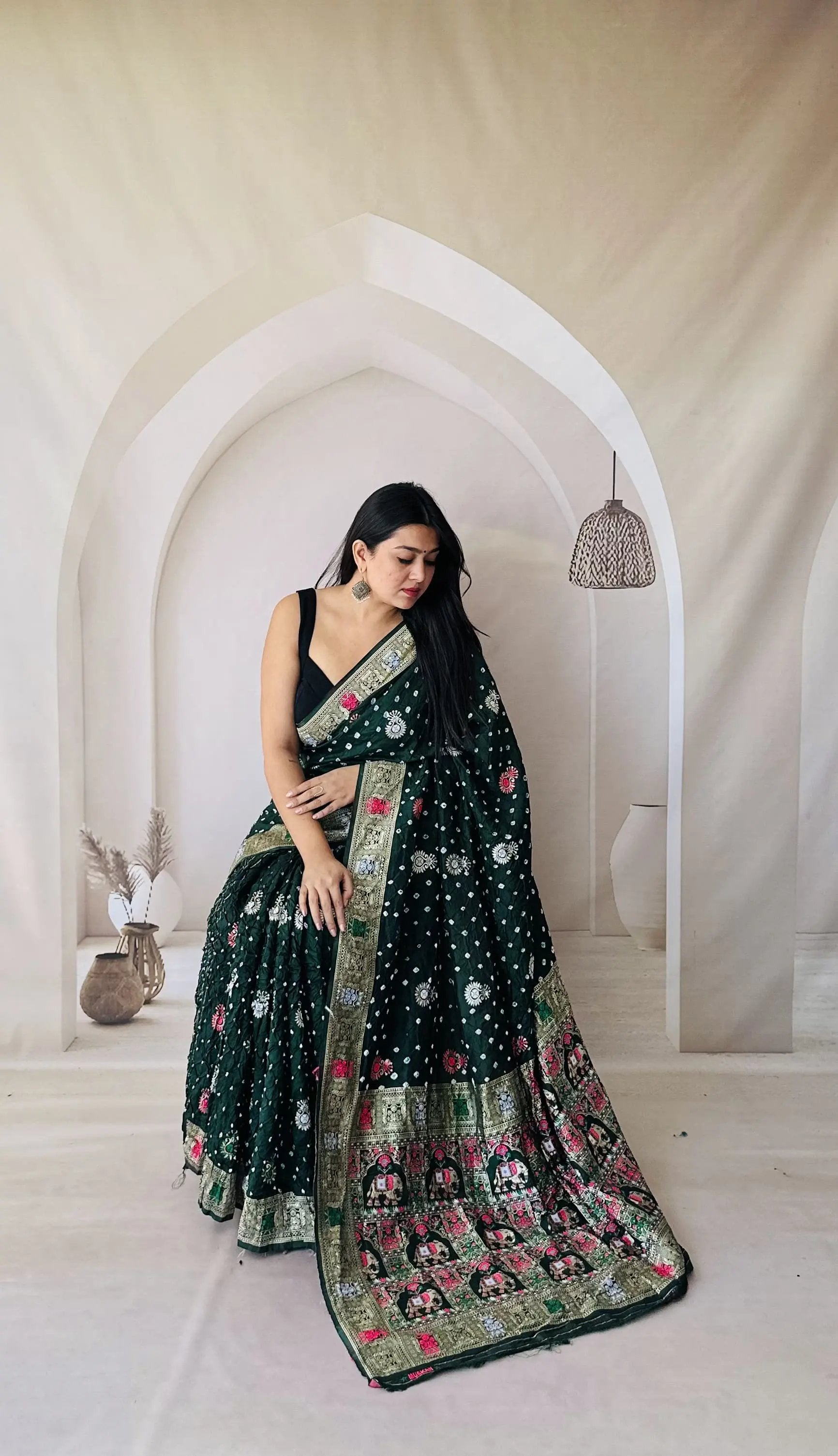 Bottle Green Patola-Bandhani Dupian Silk Saree RAKHIYO