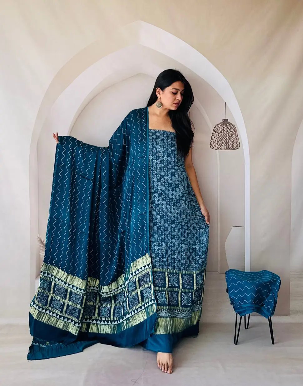 Sea Green Ajarakh Modal Discharge Check Suit Material RAKHIYO