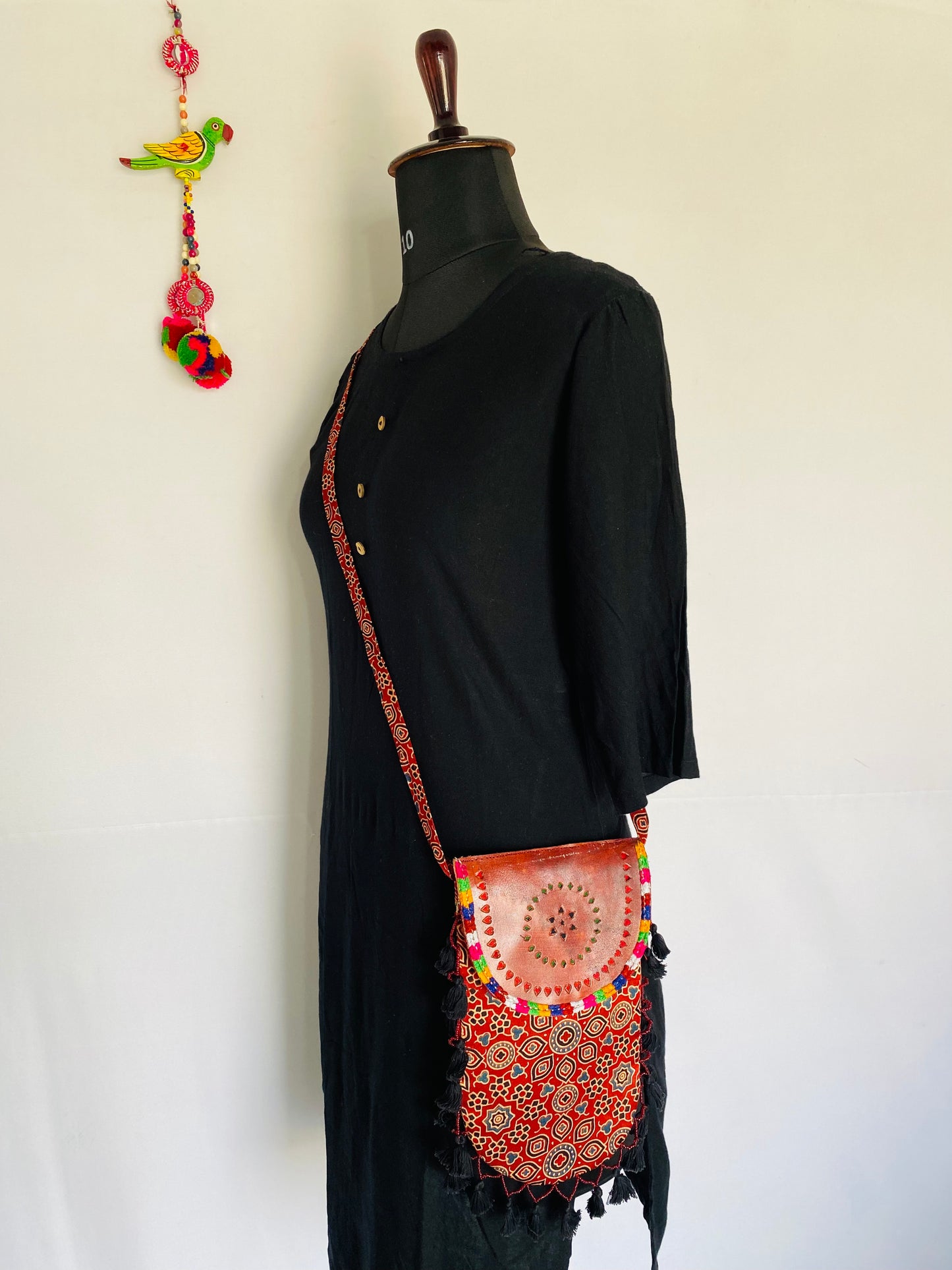 Ajarakh Leather Tassels Sling Bag
