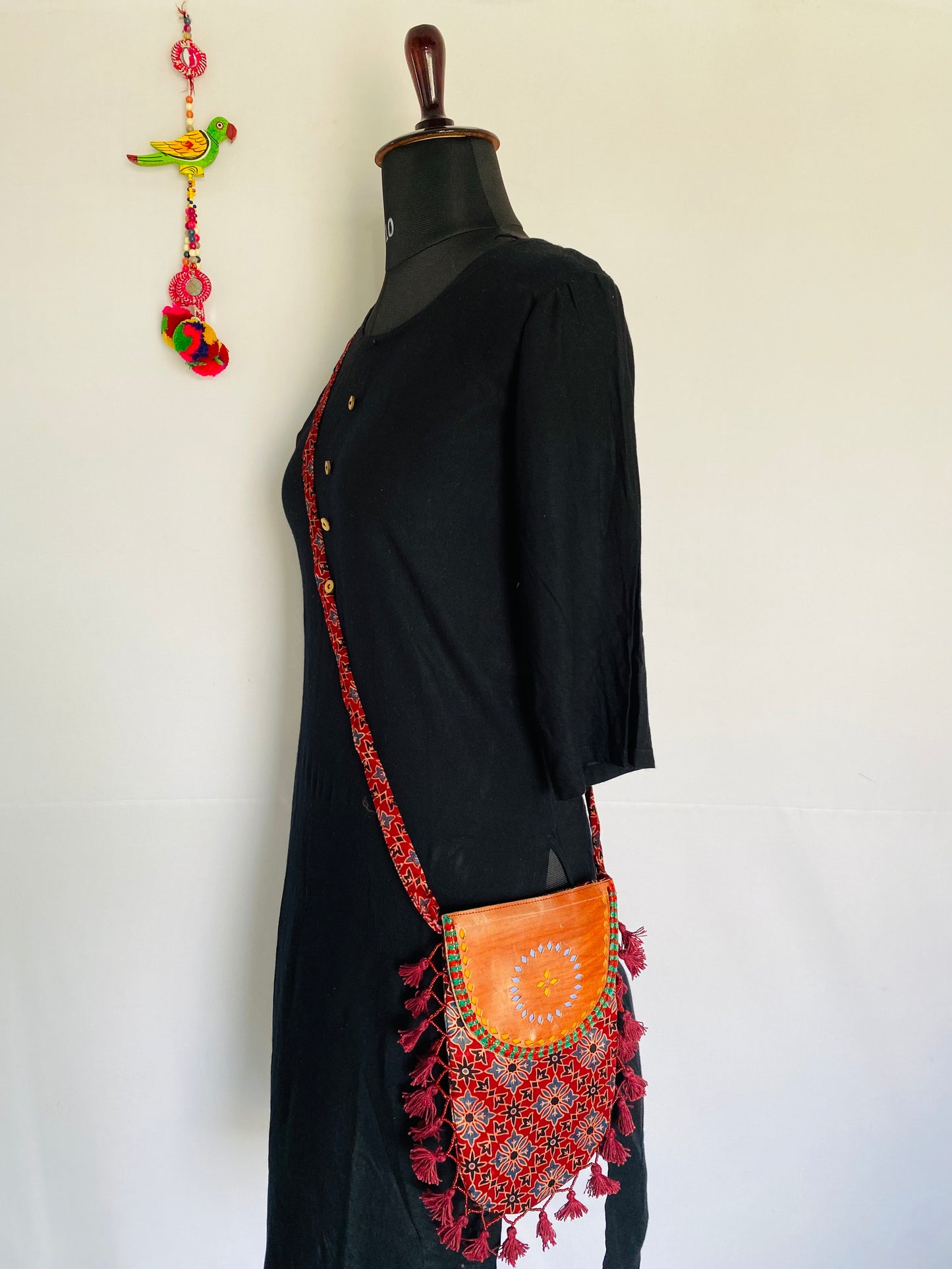 Ajarakh Leather Tassels Sling Bag