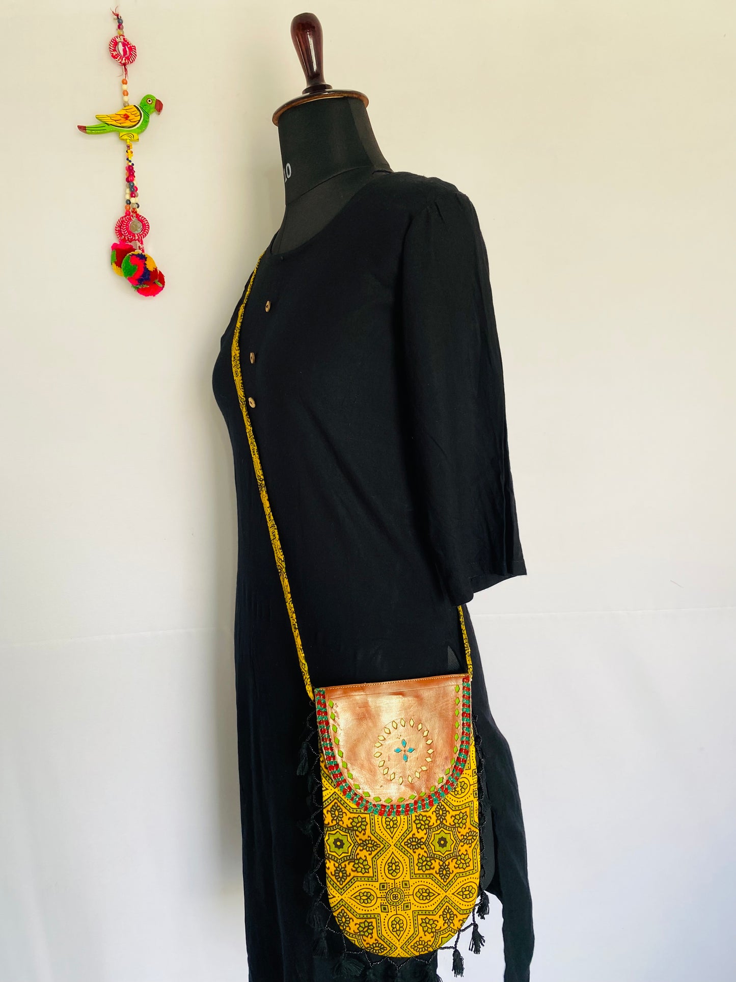 Ajarakh Leather Tassels Sling Bag