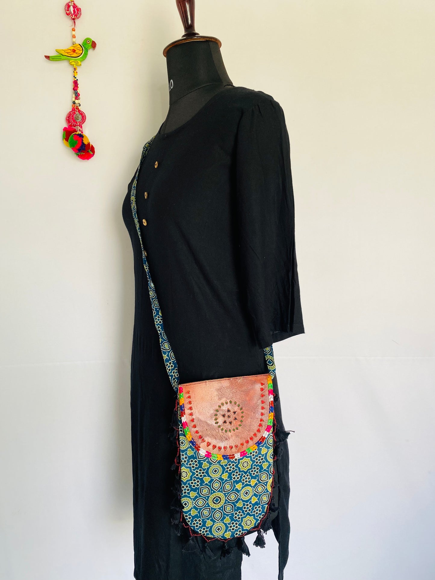 Ajarakh Leather Tassels Sling Bag