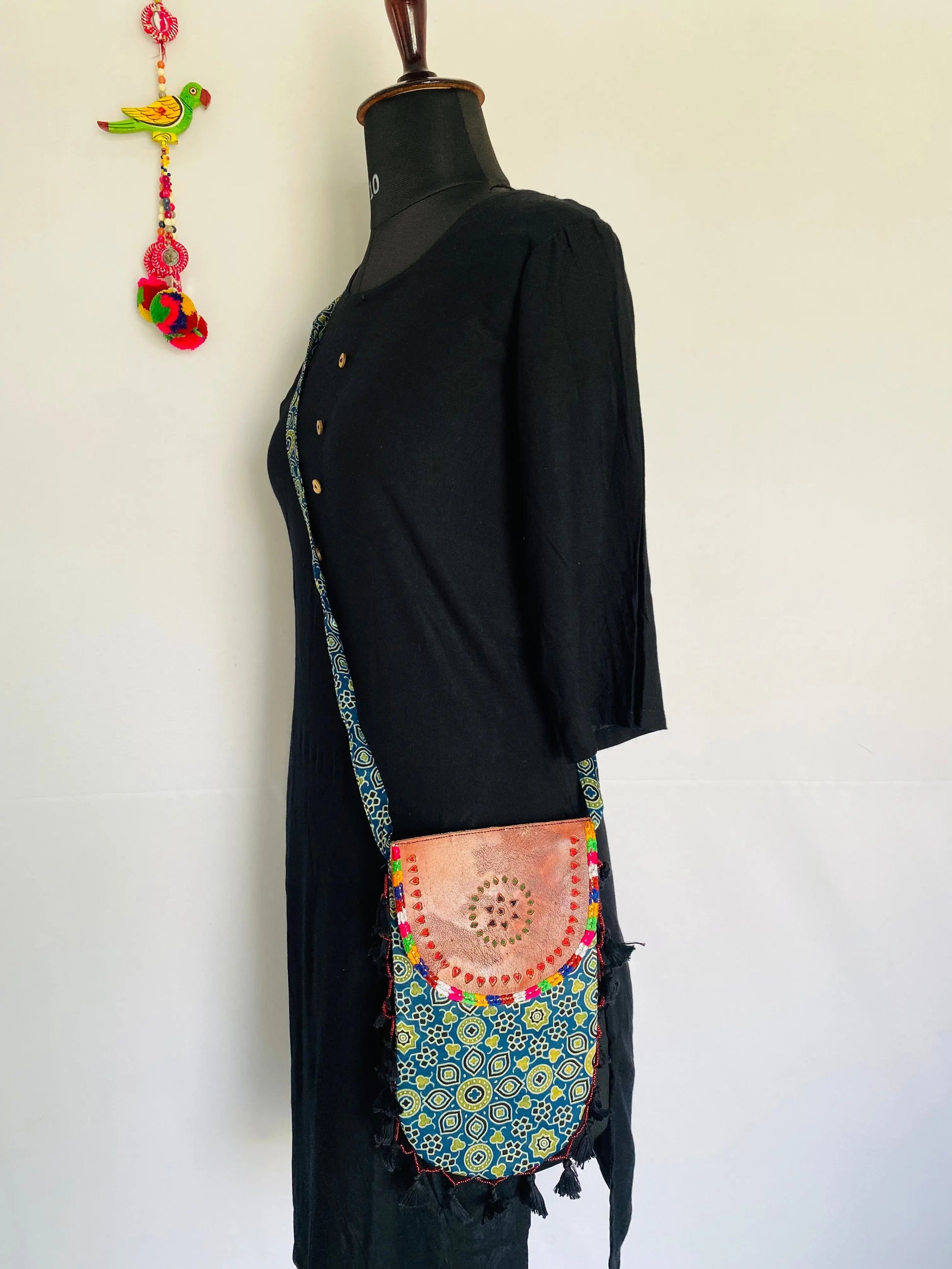 Ajarakh Leather Tassels Sling Bag RAKHIYO