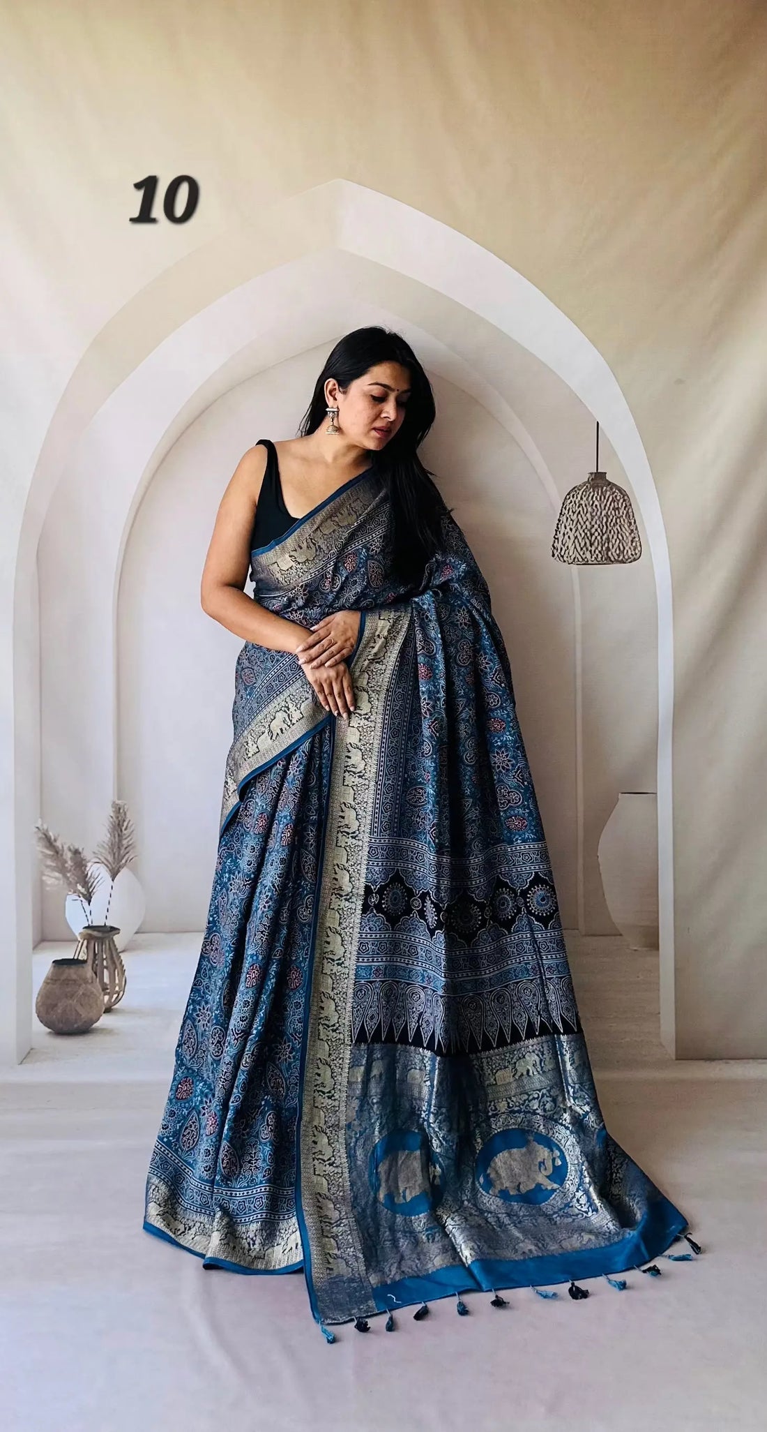 Elephant Ajarakh Nakshi Jari Crepe Silk Saree RAKHIYO