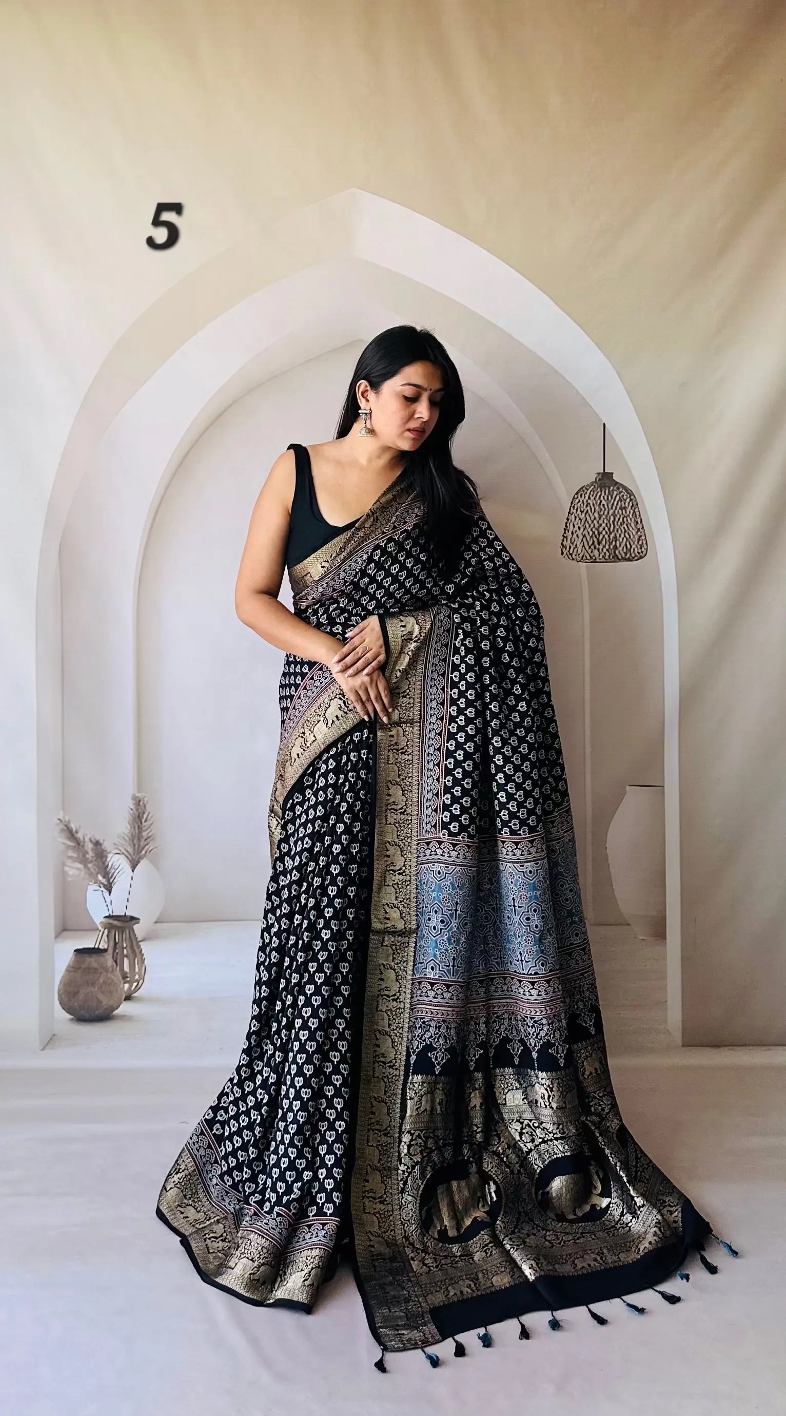 Elephant Ajarakh Nakshi Jari Crepe Silk Saree RAKHIYO