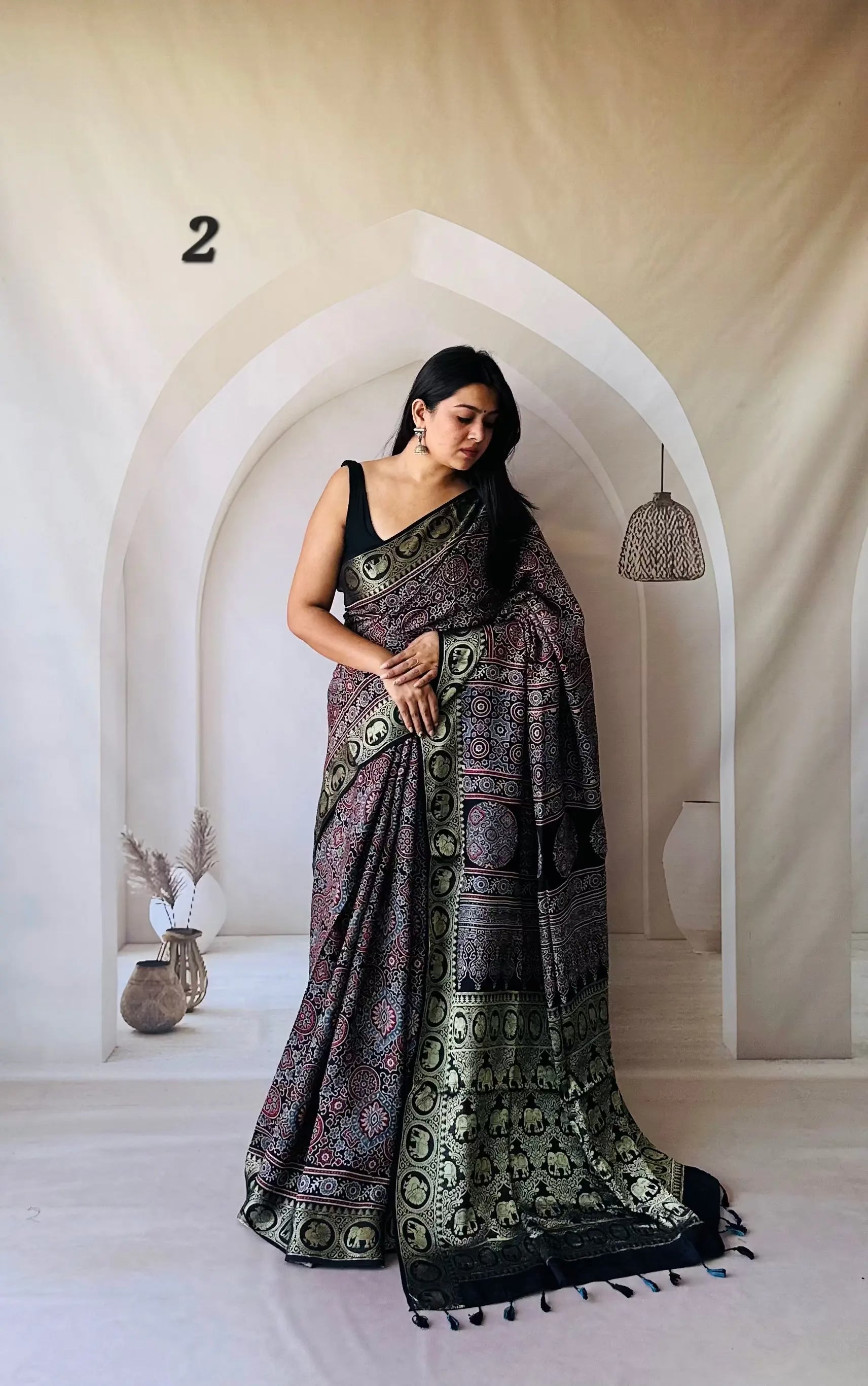 Elephant Ajarakh Nakshi Jari Crepe Silk Saree RAKHIYO