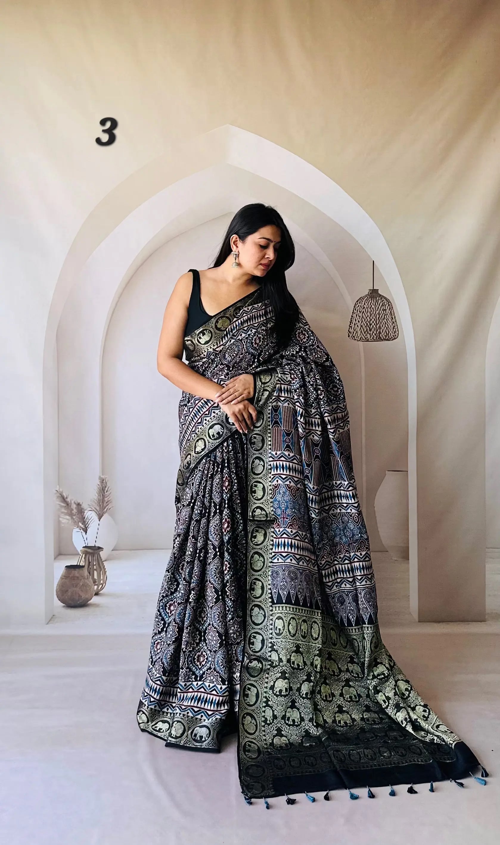 Elephant Ajarakh Nakshi Jari Crepe Silk Saree RAKHIYO