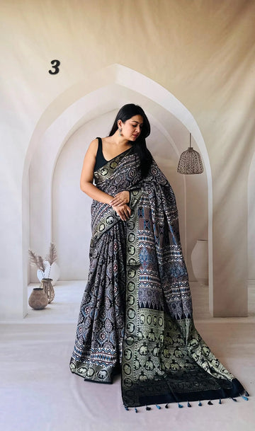 Elephant Ajarakh Nakshi Jari Crepe Silk Saree RAKHIYO