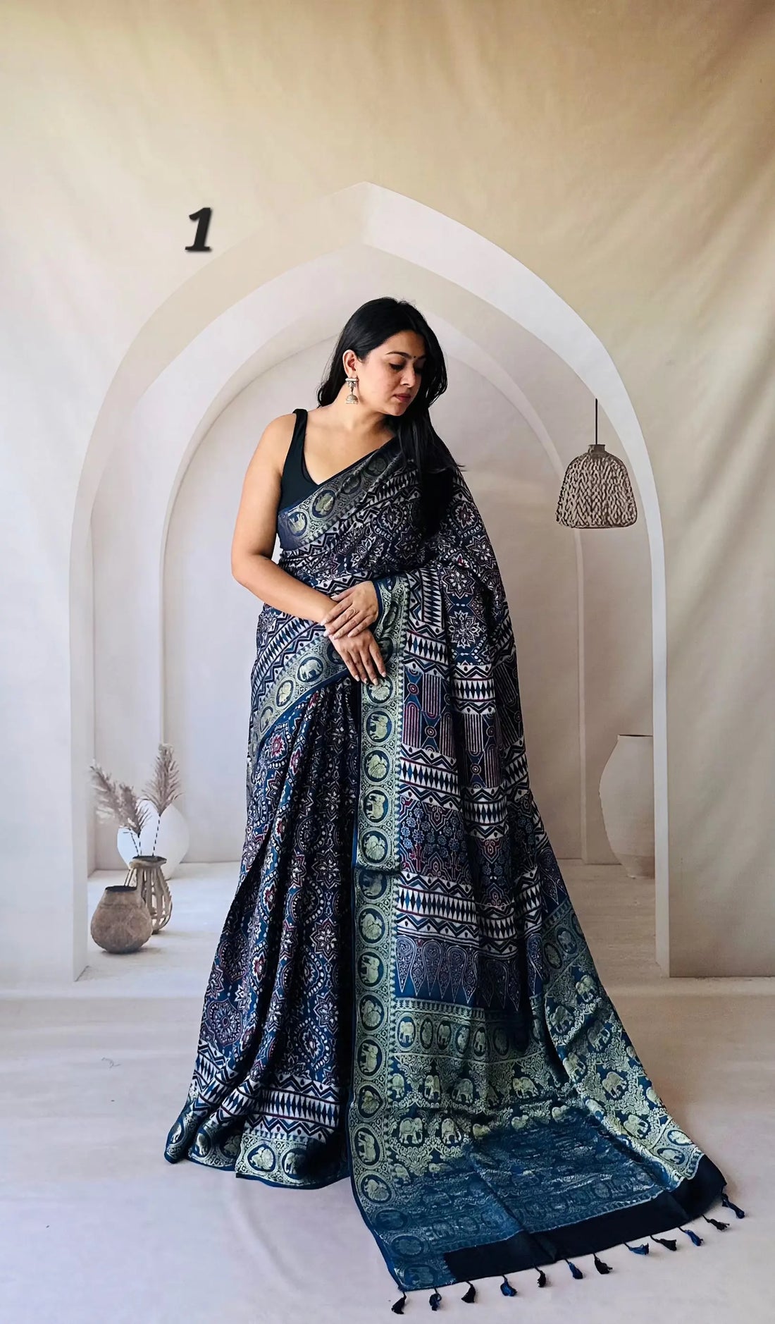 Elephant Ajarakh Nakshi Jari Crepe Silk Saree RAKHIYO