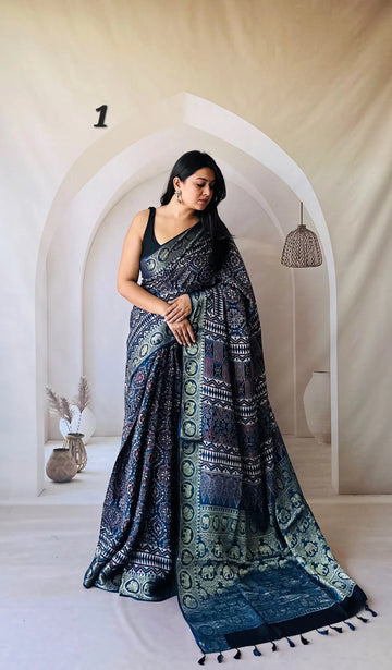 Elephant Ajarakh Nakshi Jari Crepe Silk Saree RAKHIYO