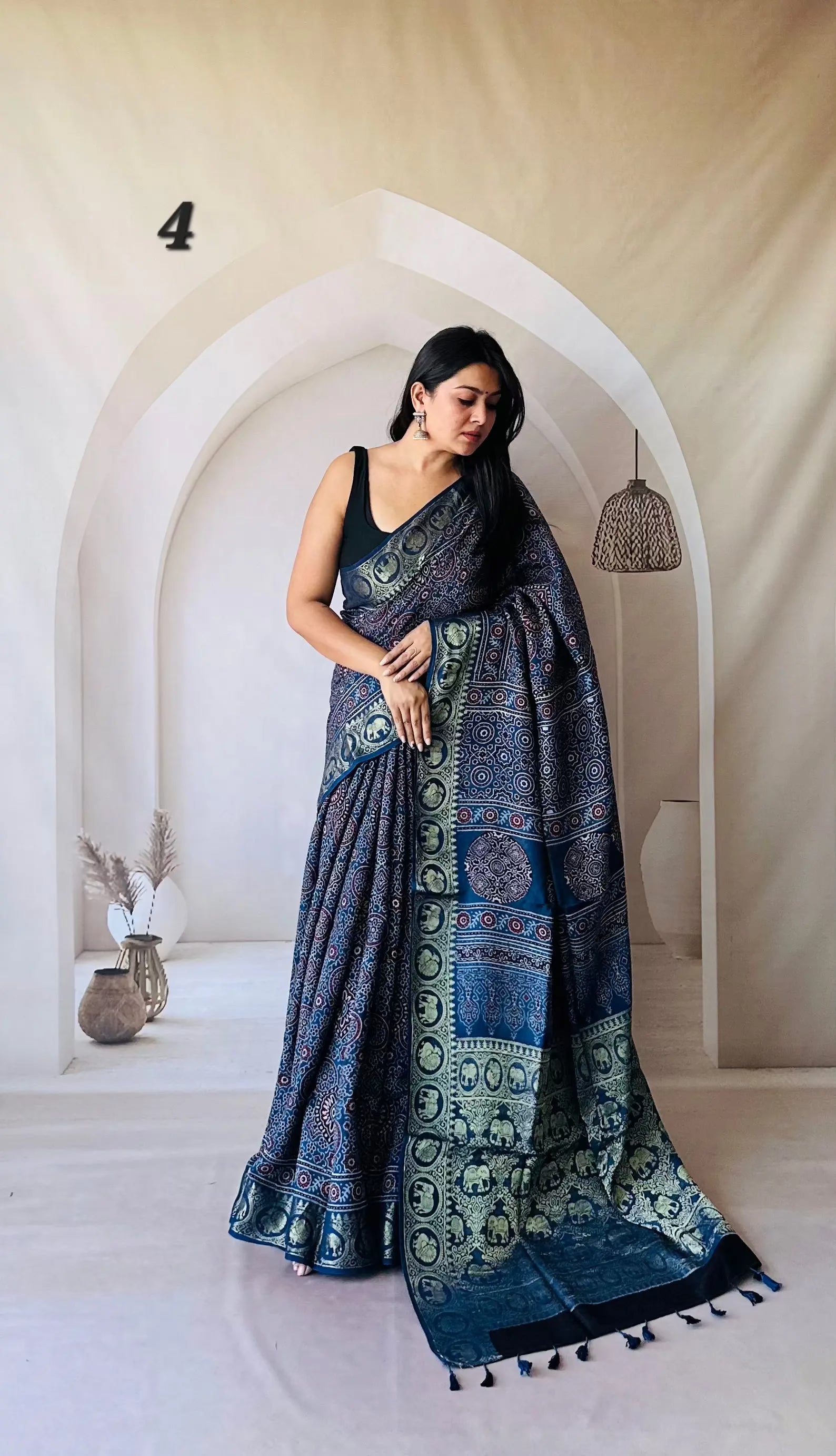 Elephant Ajarakh Nakshi Jari Crepe Silk Saree RAKHIYO