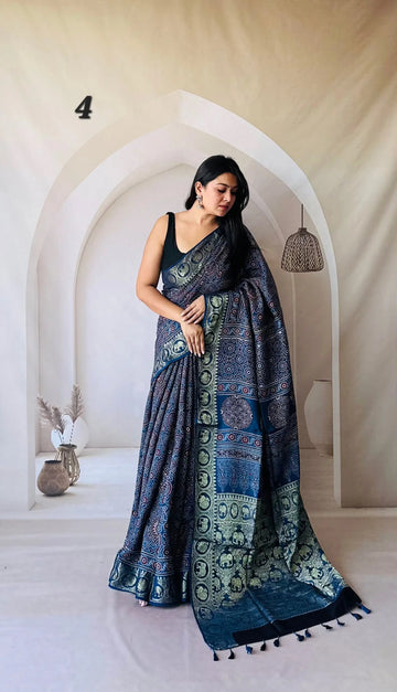 Elephant Ajarakh Nakshi Jari Crepe Silk Saree RAKHIYO