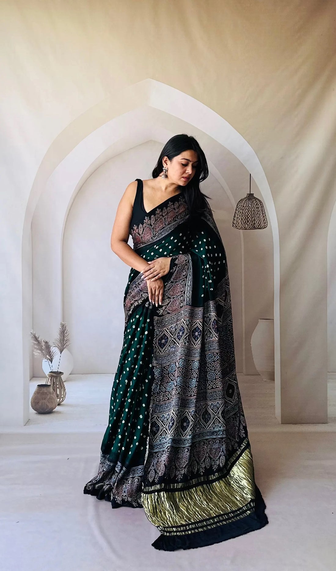 Green Ajarakh Bandhani Tissue Modal Saree RAKHIYO