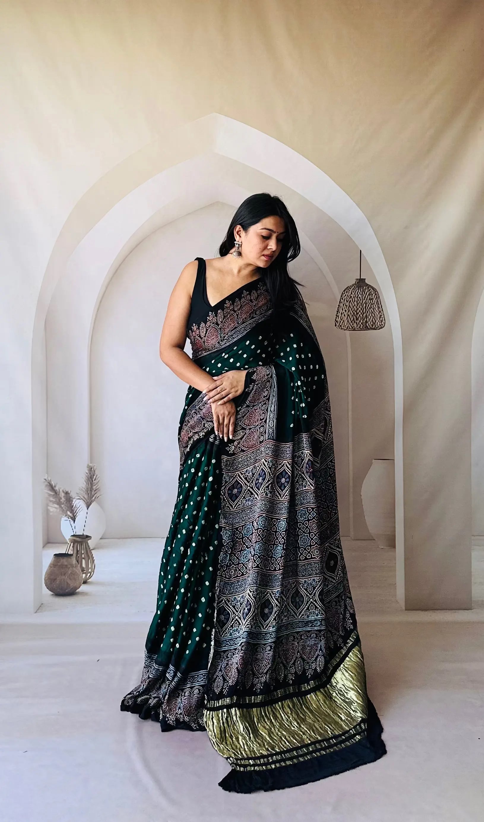 Green Ajarakh Bandhani Tissue Modal Saree RAKHIYO