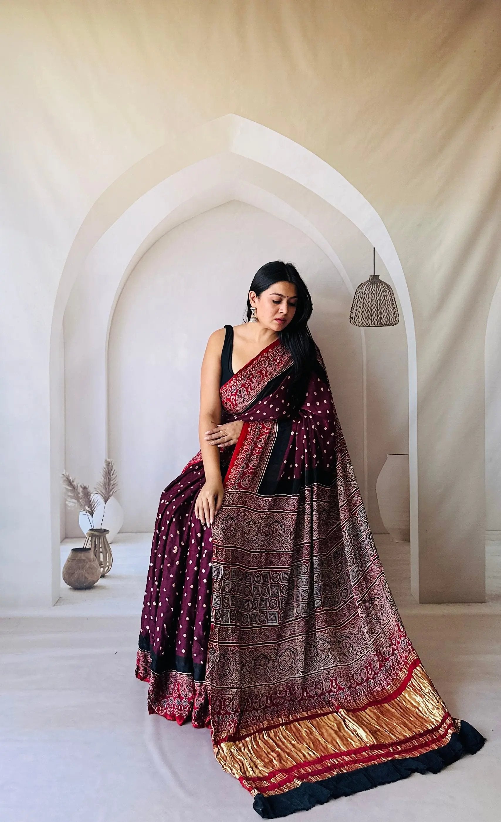 Magenta Ajarakh Bandhani Tissue Modal Saree RAKHIYO