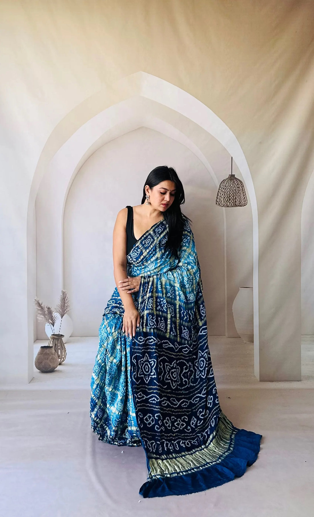 Blue Shading Bandhej Garchola Gaji Silk Saree RAKHIYO