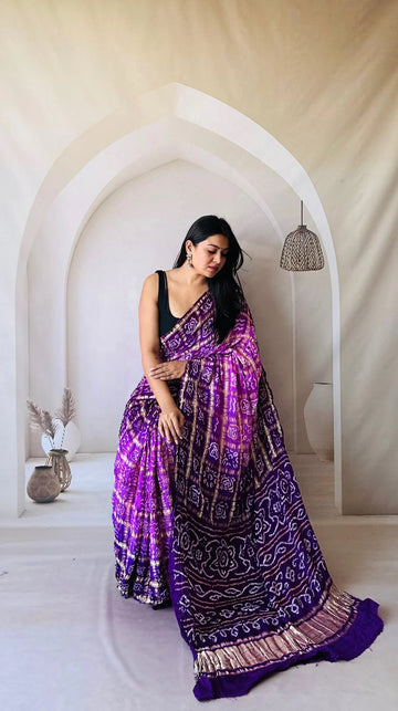 Magenta Shading Bandhej Garchola Gaji Silk Saree RAKHIYO