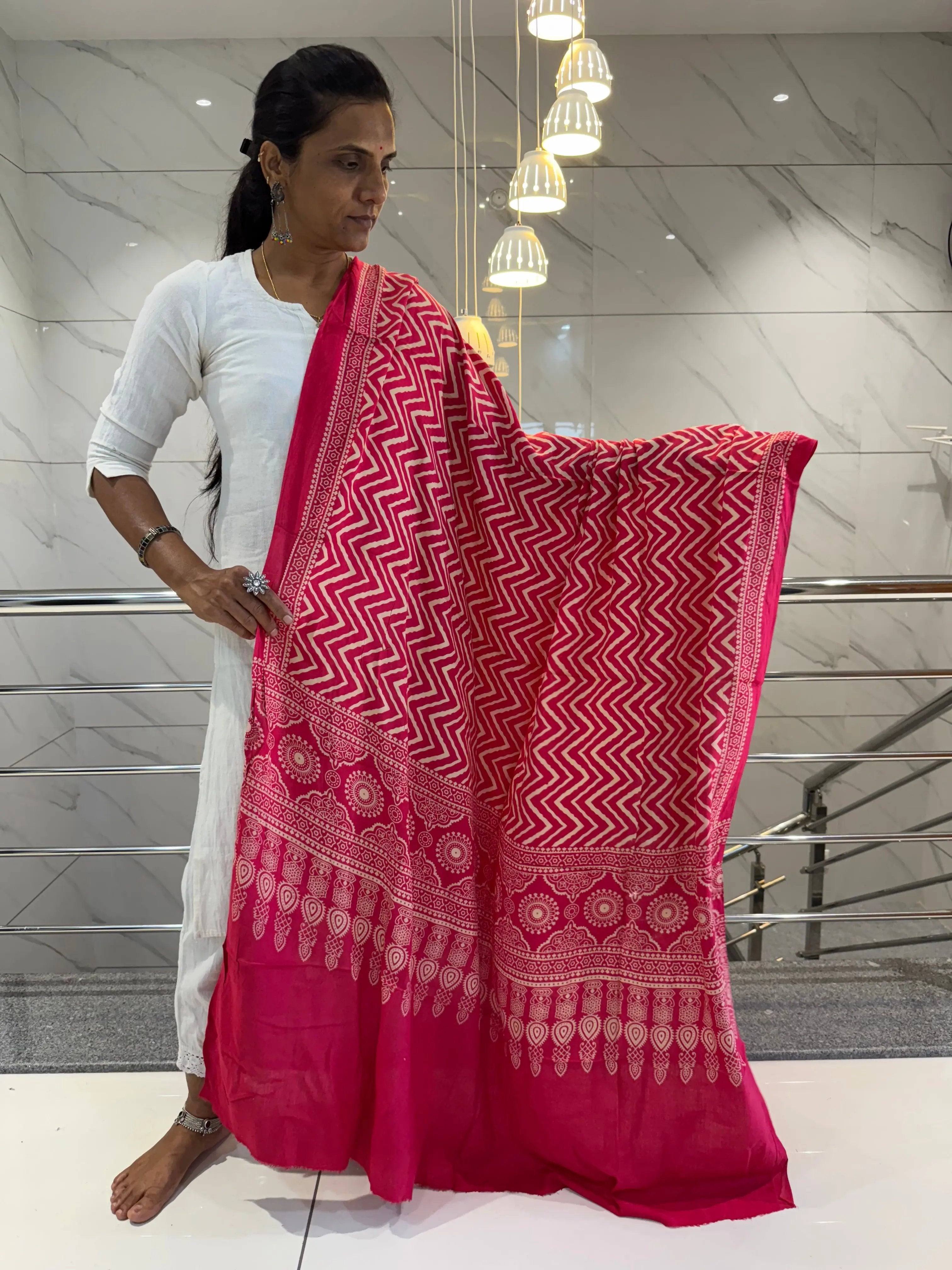 Pink Ajarakh-Laheriya Soft Cotton Dupatta RAKHIYO