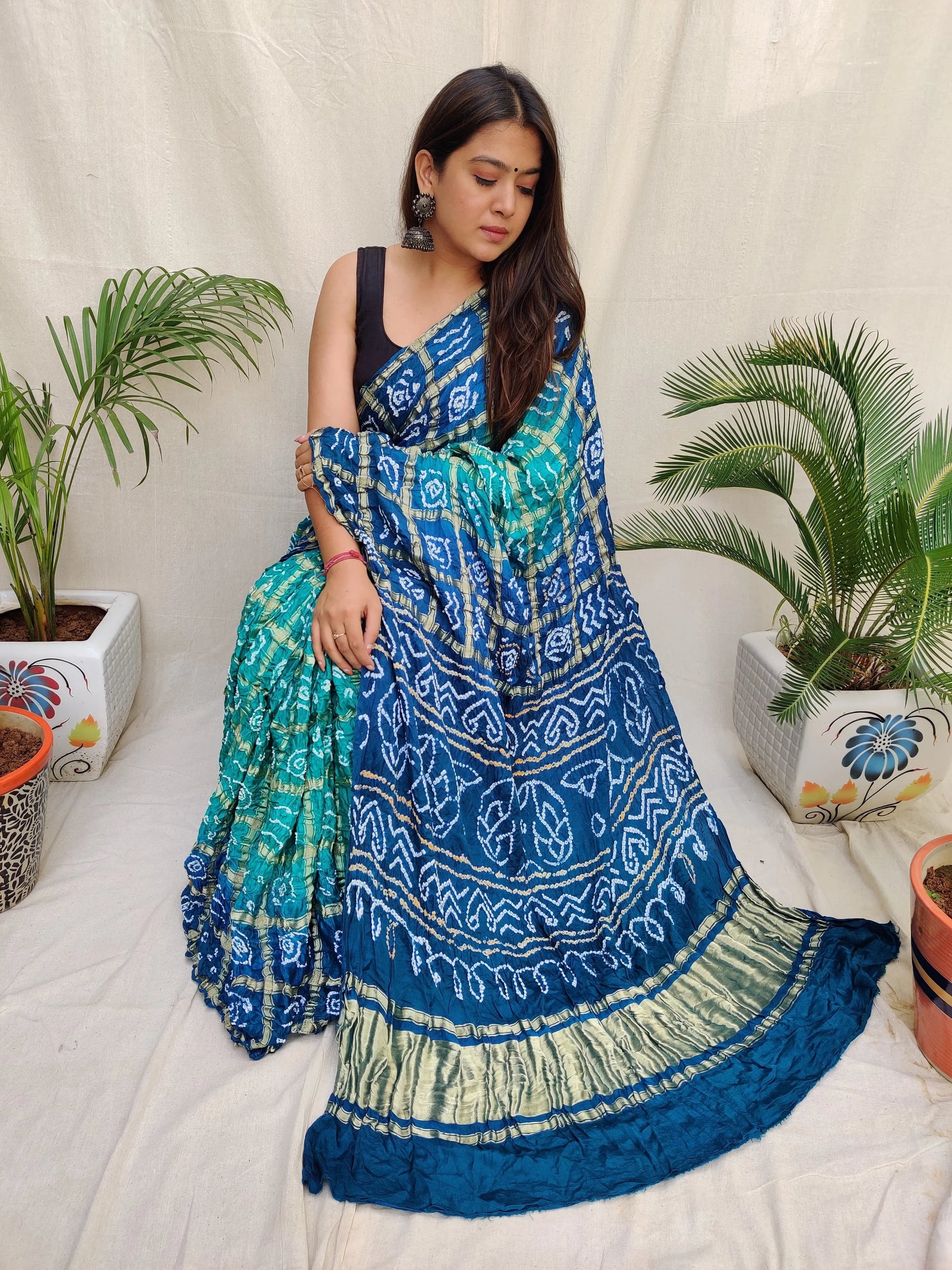 Teal Blue & Sea Green Bandhej Garchola Gaji Silk Saree RAKHIYO