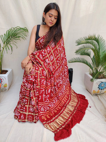 Red Bandhej Garchola Gaji Silk Saree RAKHIYO