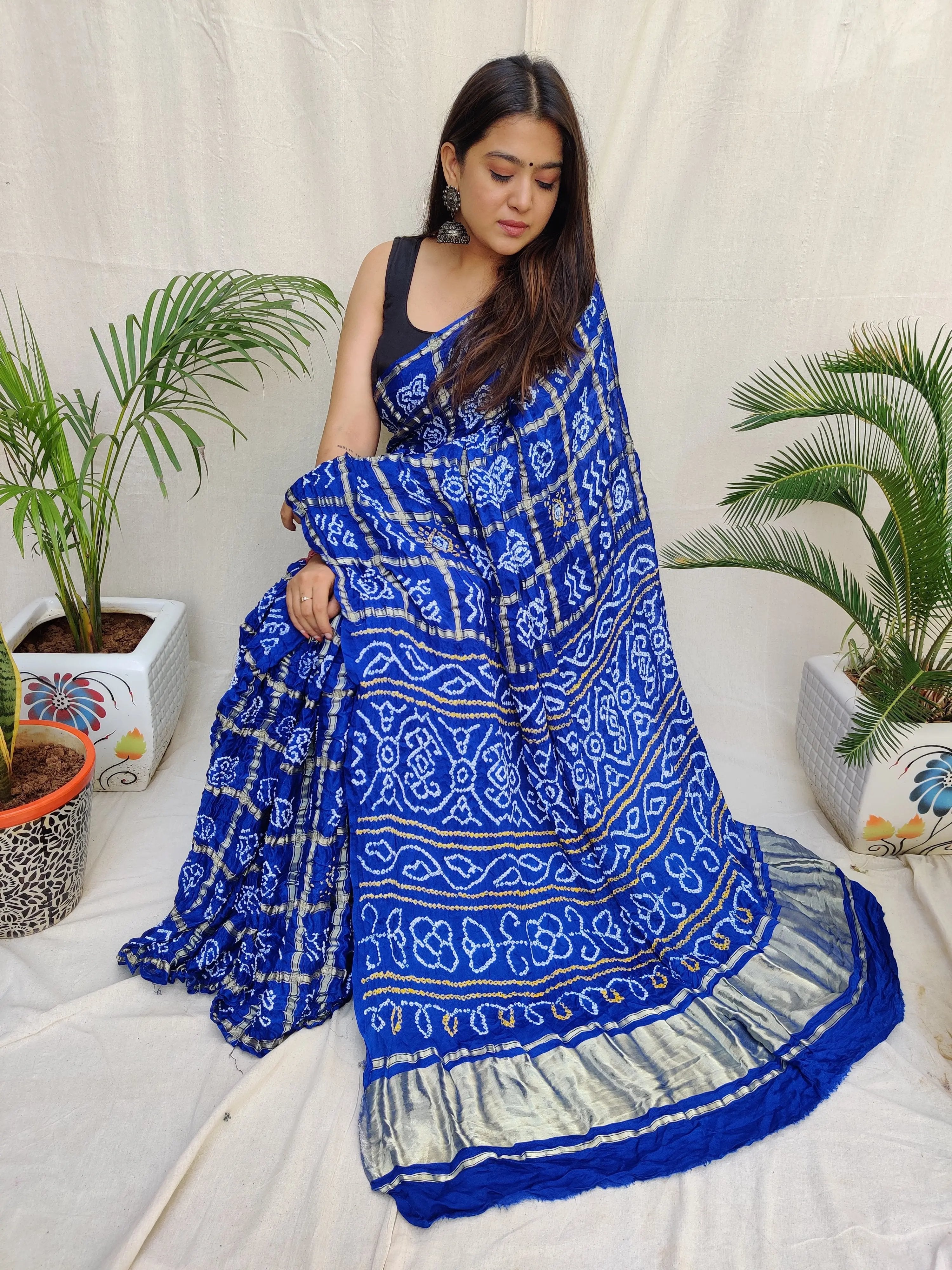 Royal Blue Bandhej Garchola Gaji Silk Saree RAKHIYO