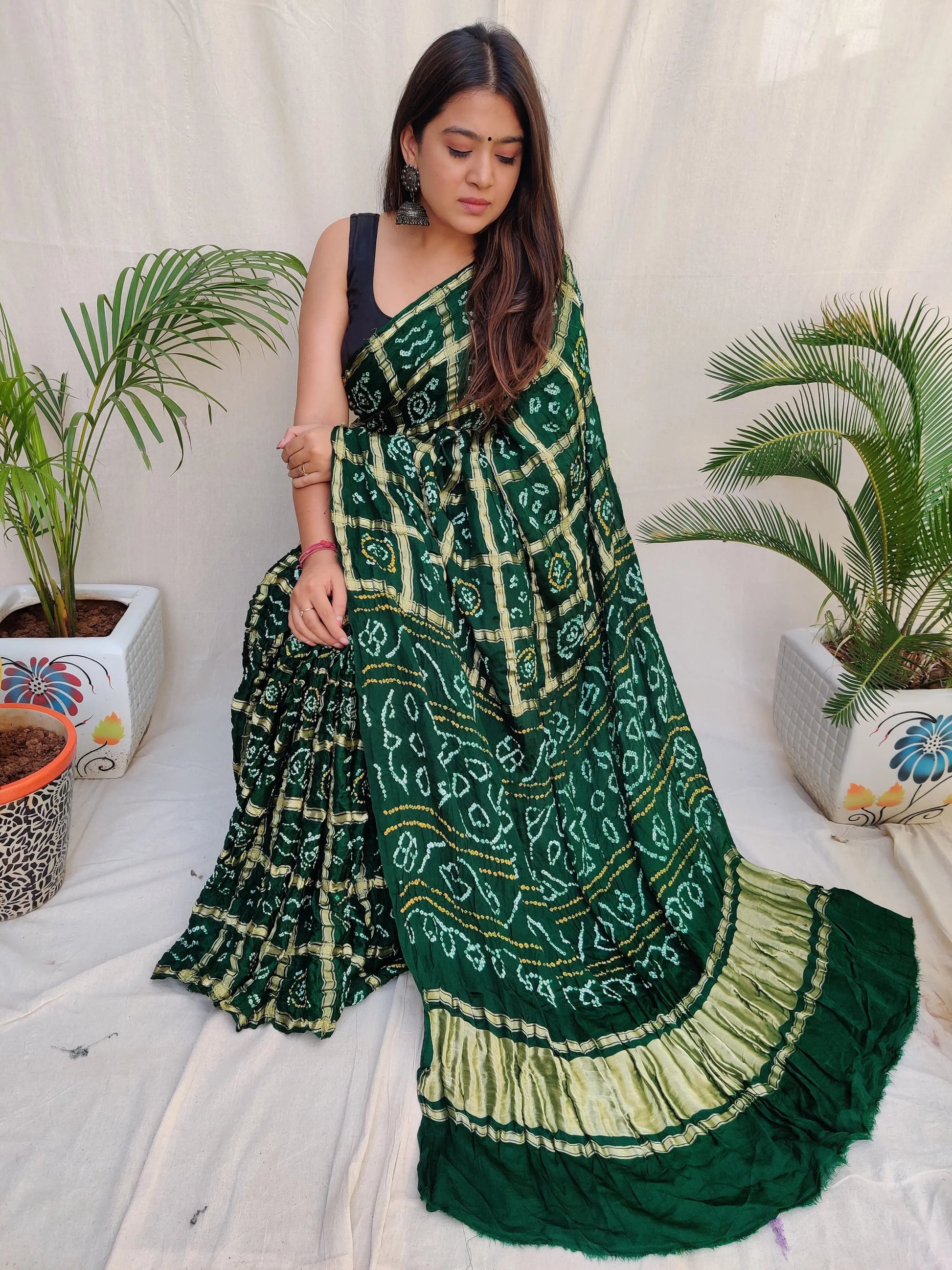 Bottle Green Bandhej Garchola Gaji Silk Saree RAKHIYO