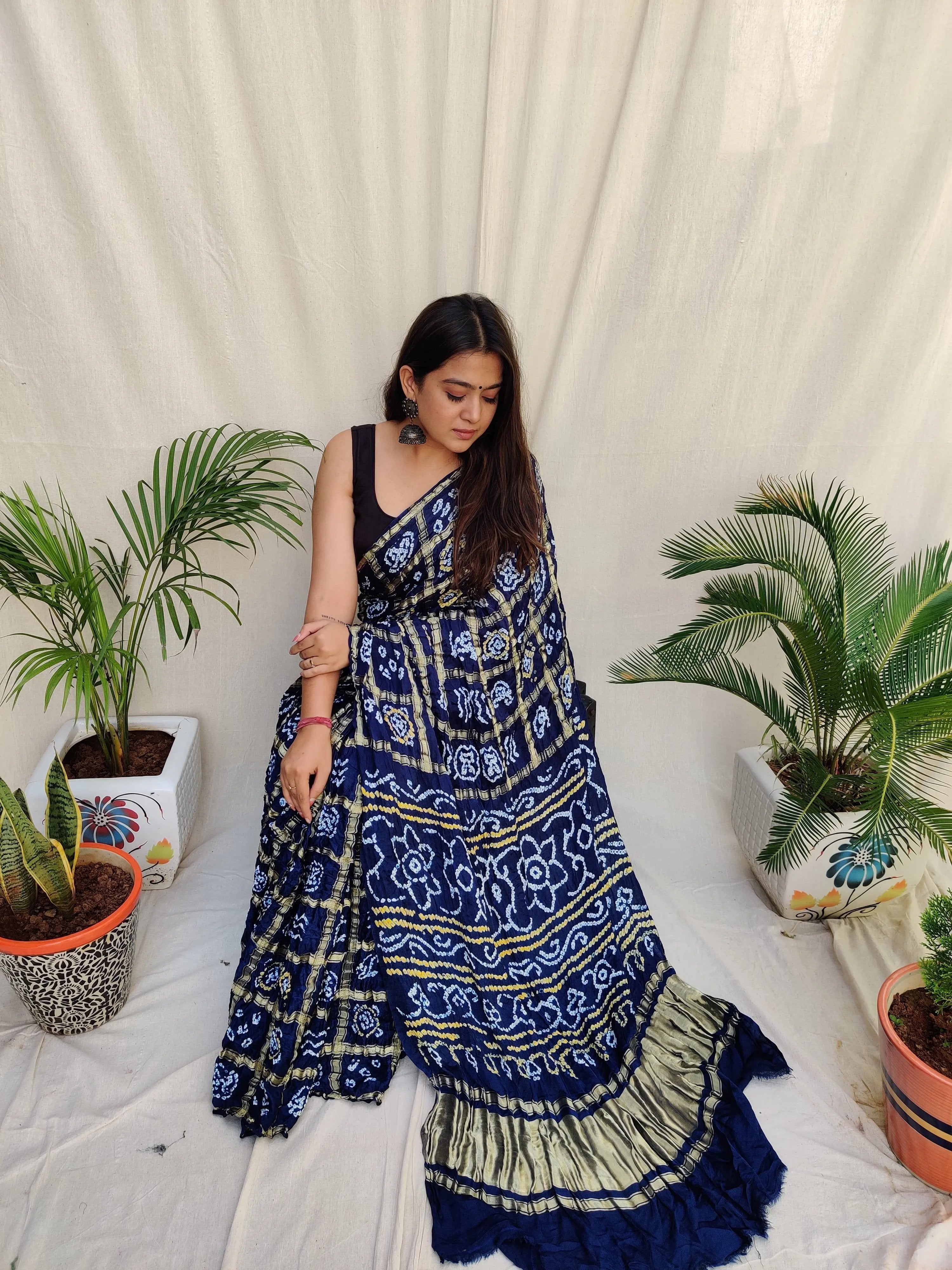 Navy Blue Bandhej Garchola Gaji Silk Saree RAKHIYO