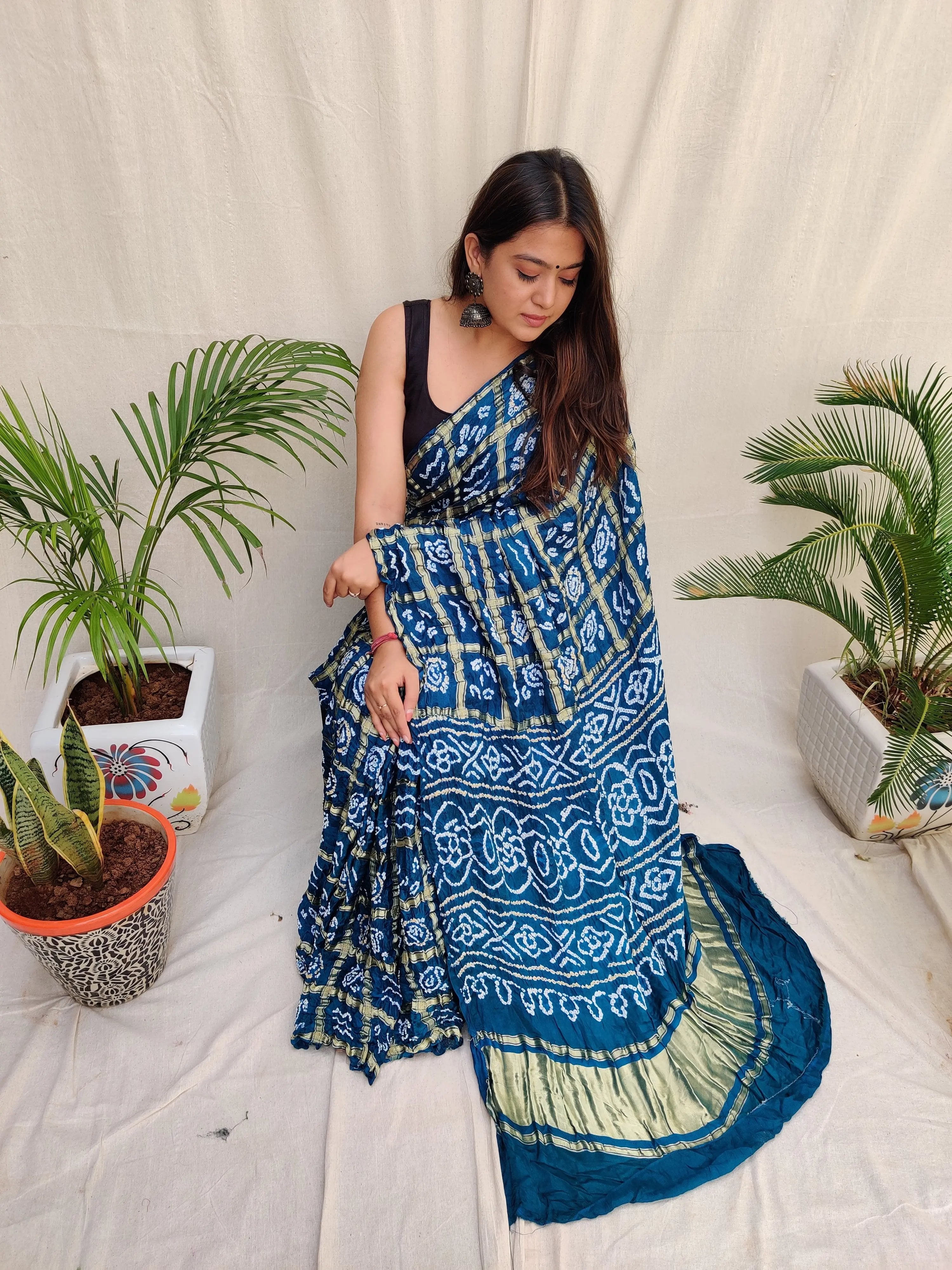 Teal Blue Bandhej Garchola Gaji Silk Saree RAKHIYO