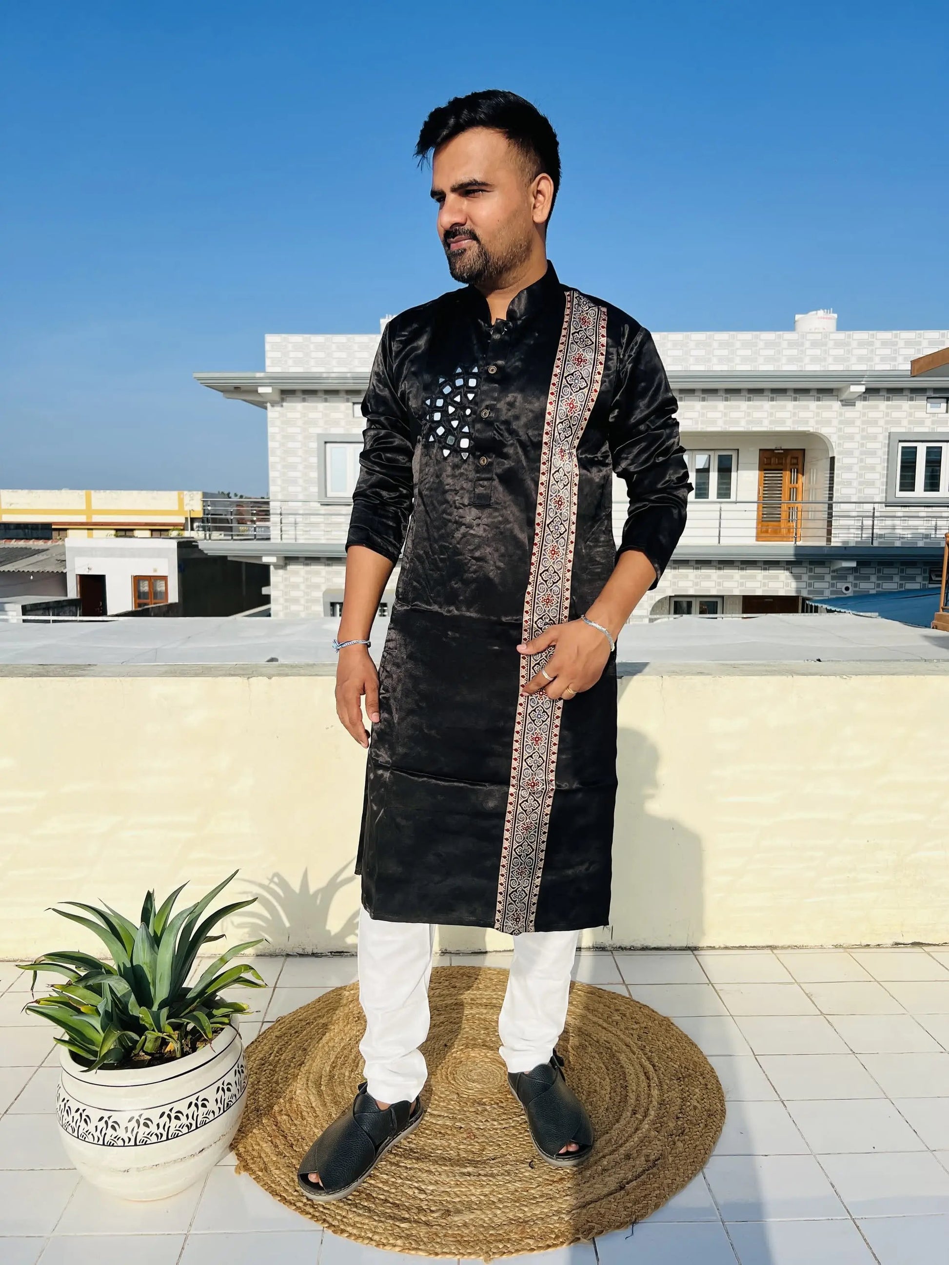 Black Ajarakh Panel Mirror Mashroo Silk Long Kurta RAKHIYO