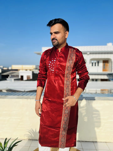 Maroon Ajarakh Panel Mirror Mashroo Silk Long Kurta RAKHIYO