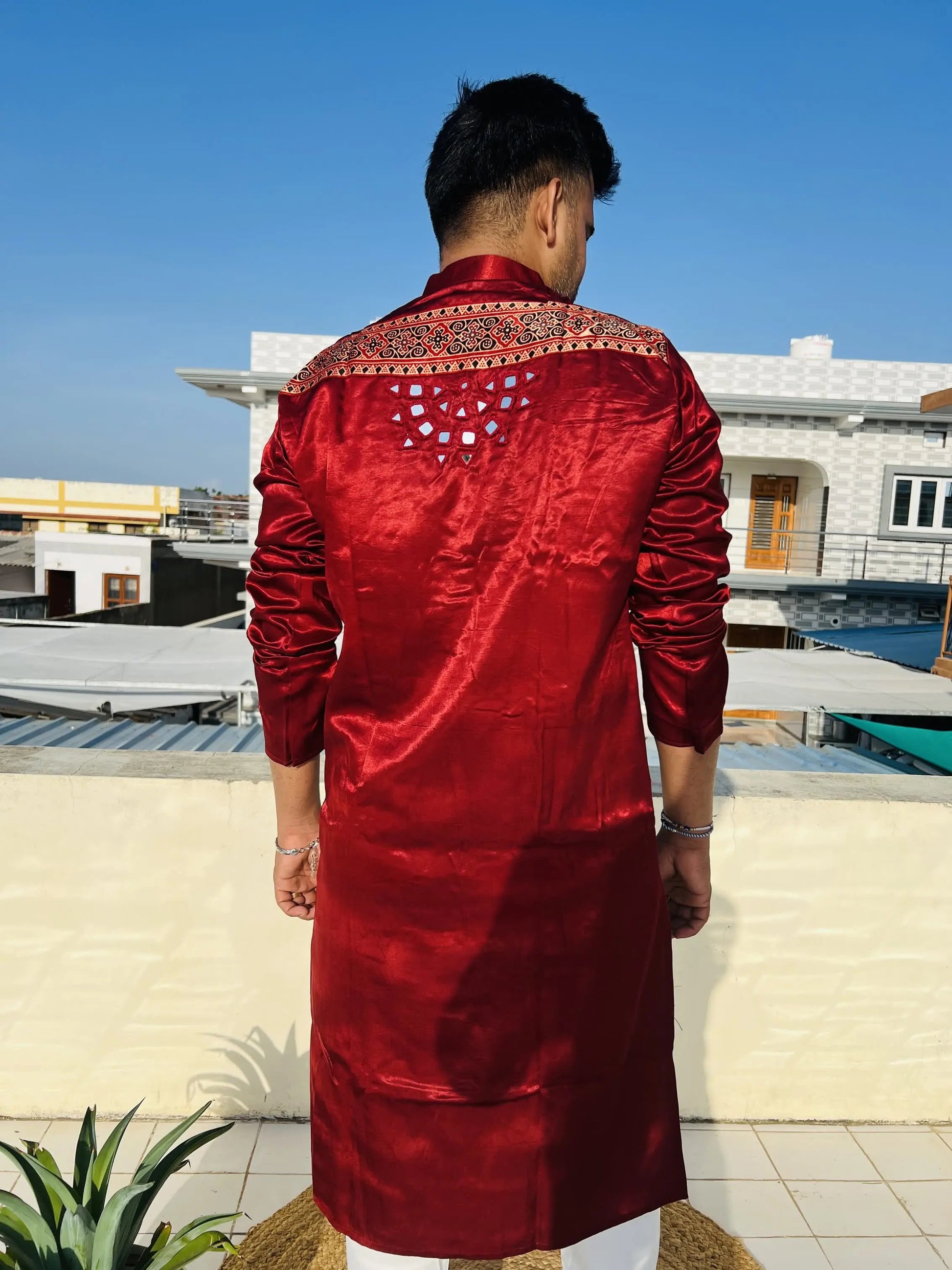 Maroon Ajarakh Panel Mirror Mashroo Silk Long Kurta RAKHIYO