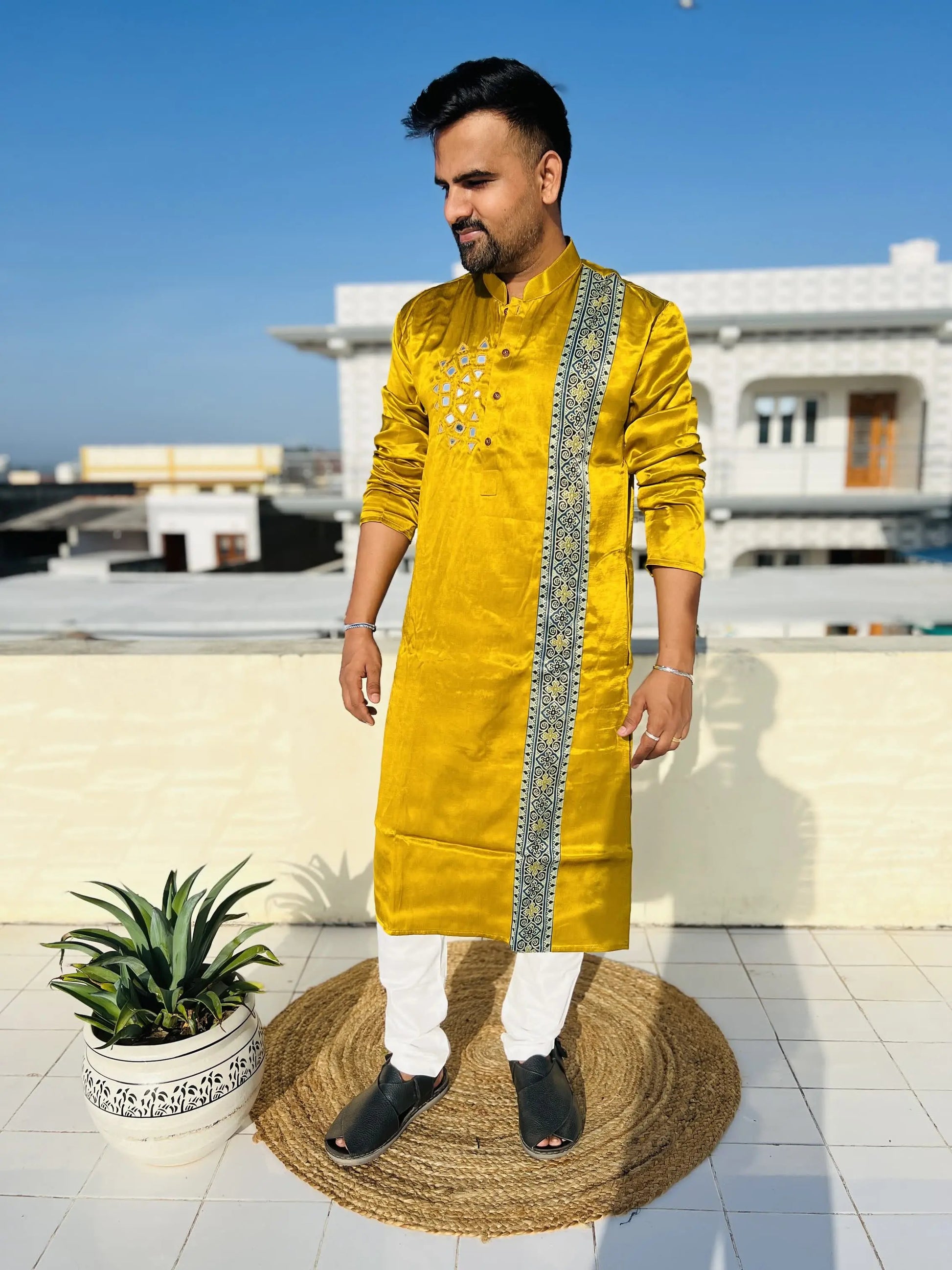 Mustard Ajarakh Panel Mirror Mashroo Silk Long Kurta RAKHIYO