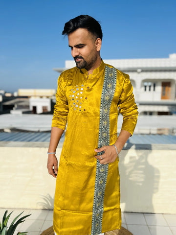 Mustard Ajarakh Panel Mirror Mashroo Silk Long Kurta RAKHIYO