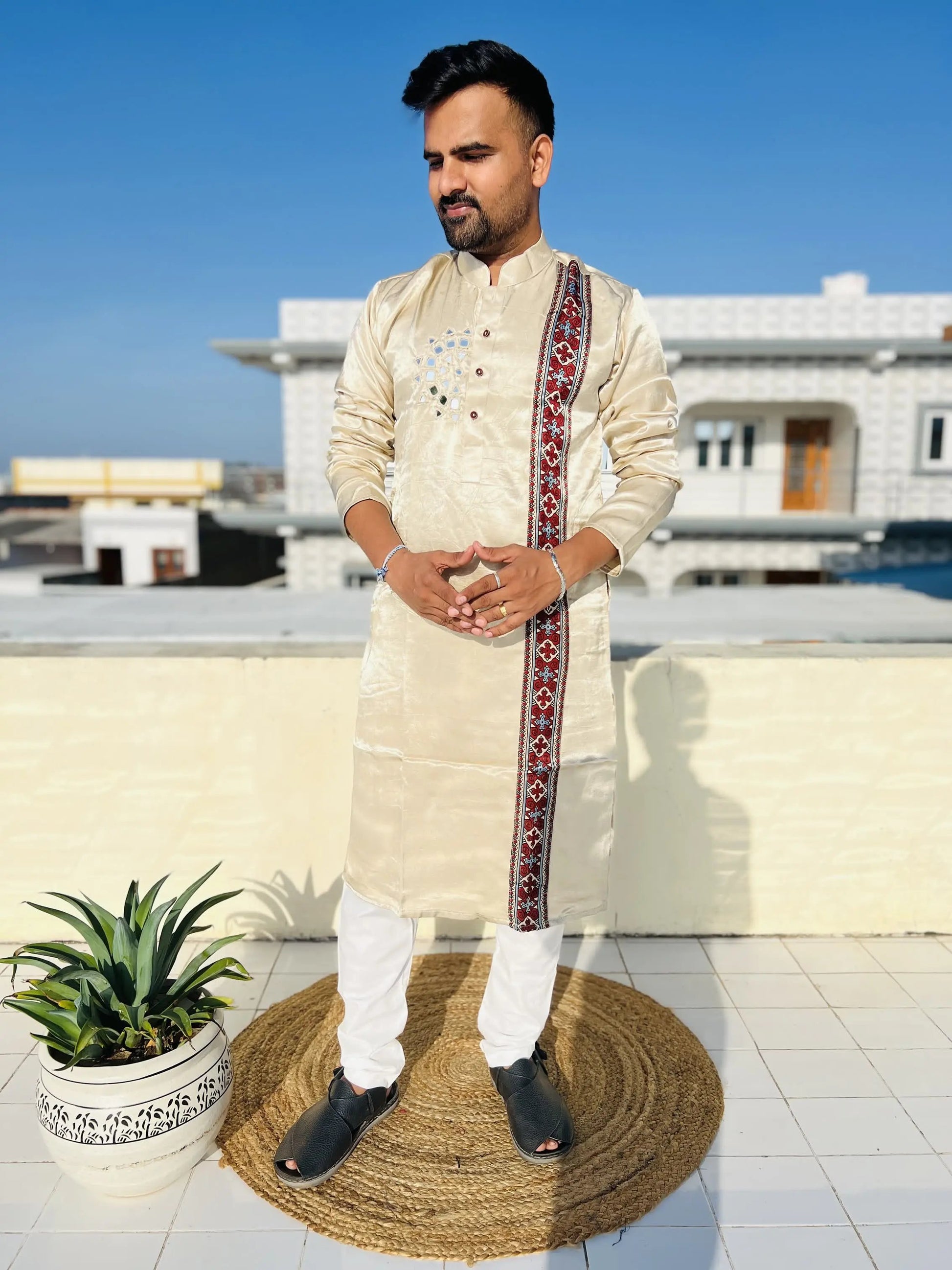 Cream Ajarakh Panel Mirror Mashroo Silk Long Kurta RAKHIYO