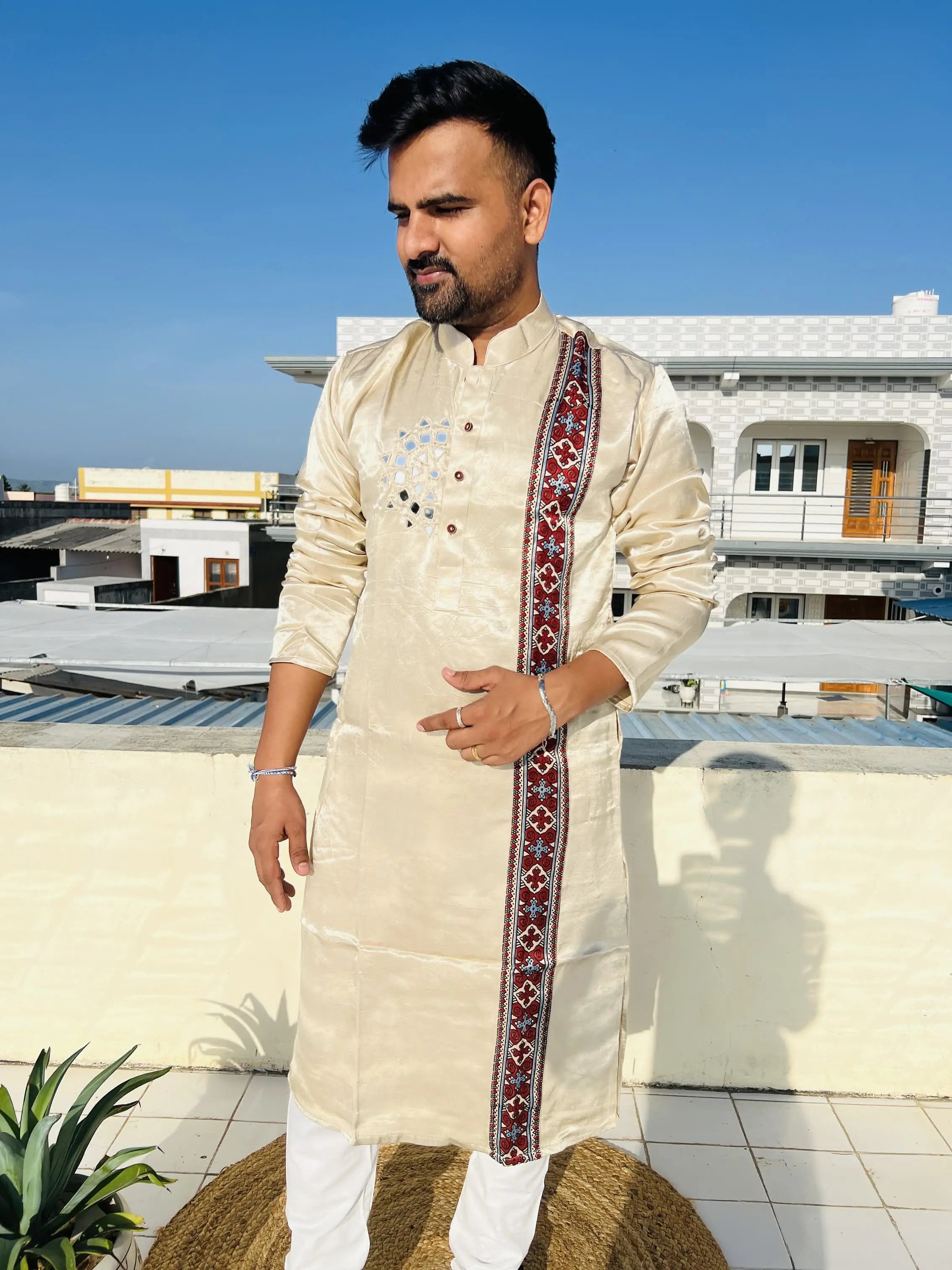 Cream Ajarakh Panel Mirror Mashroo Silk Long Kurta RAKHIYO