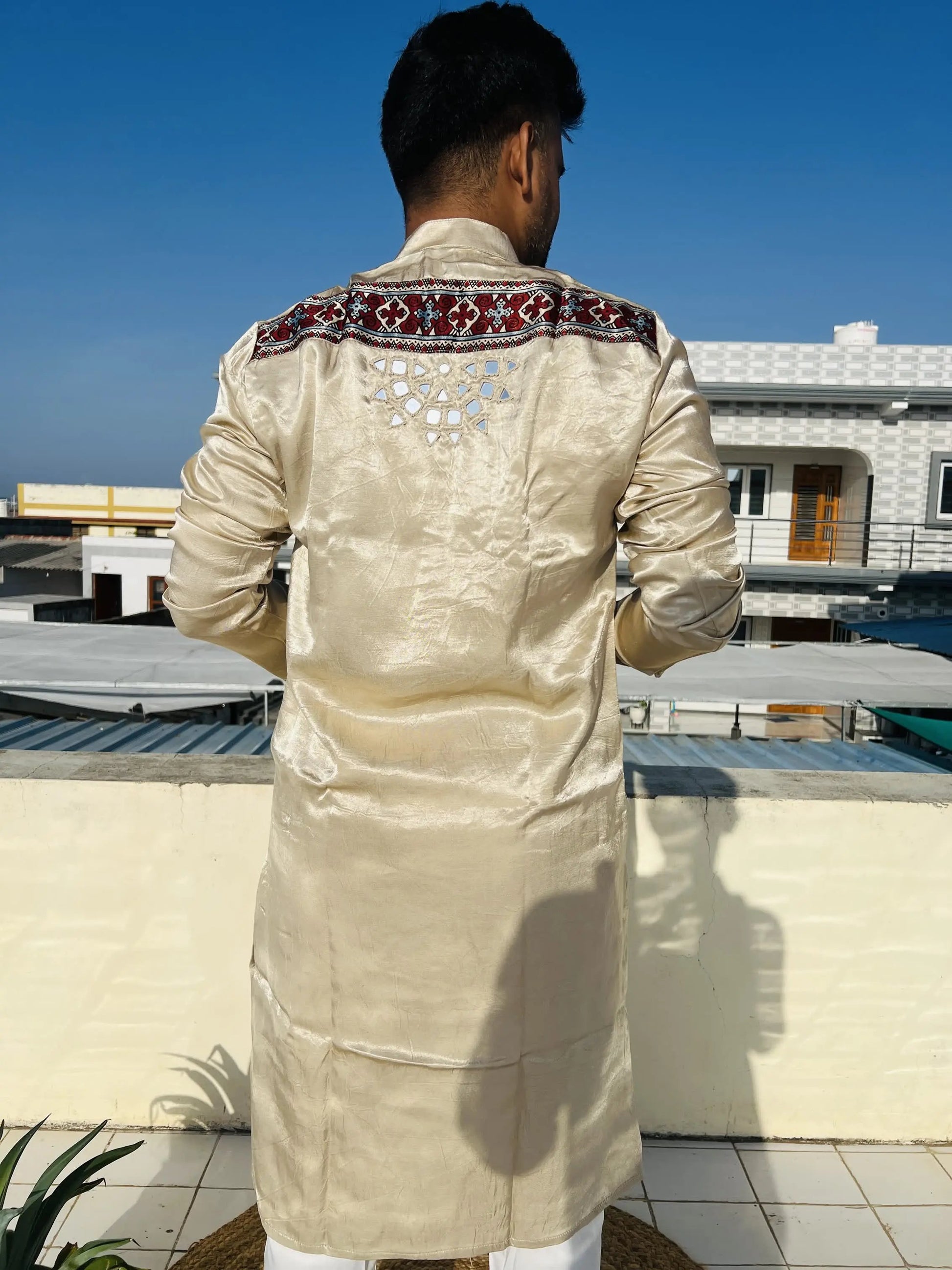 Cream Ajarakh Panel Mirror Mashroo Silk Long Kurta RAKHIYO