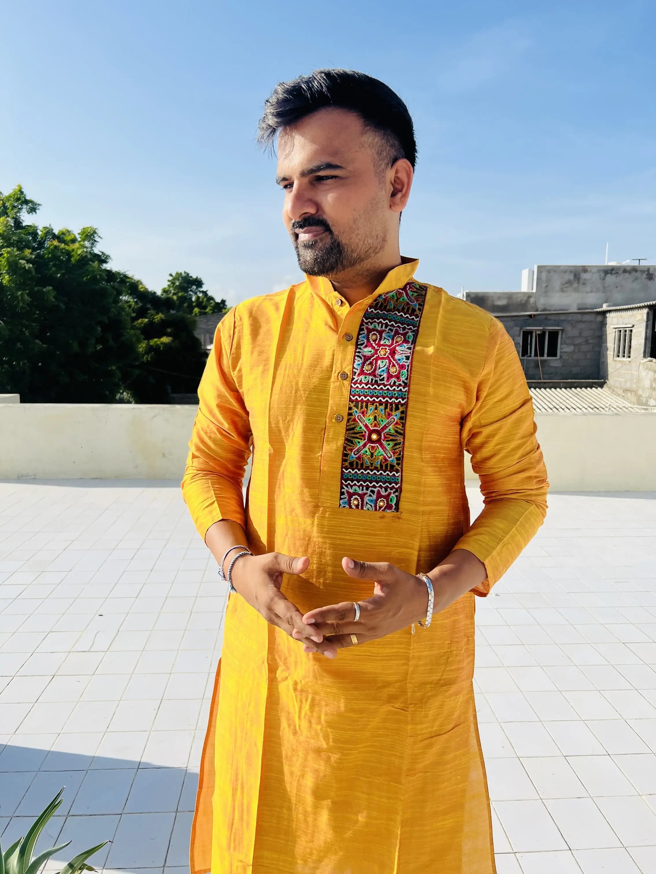 Mustard Raw Silk Plain Embroidered Men's Kurta RAKHIYO