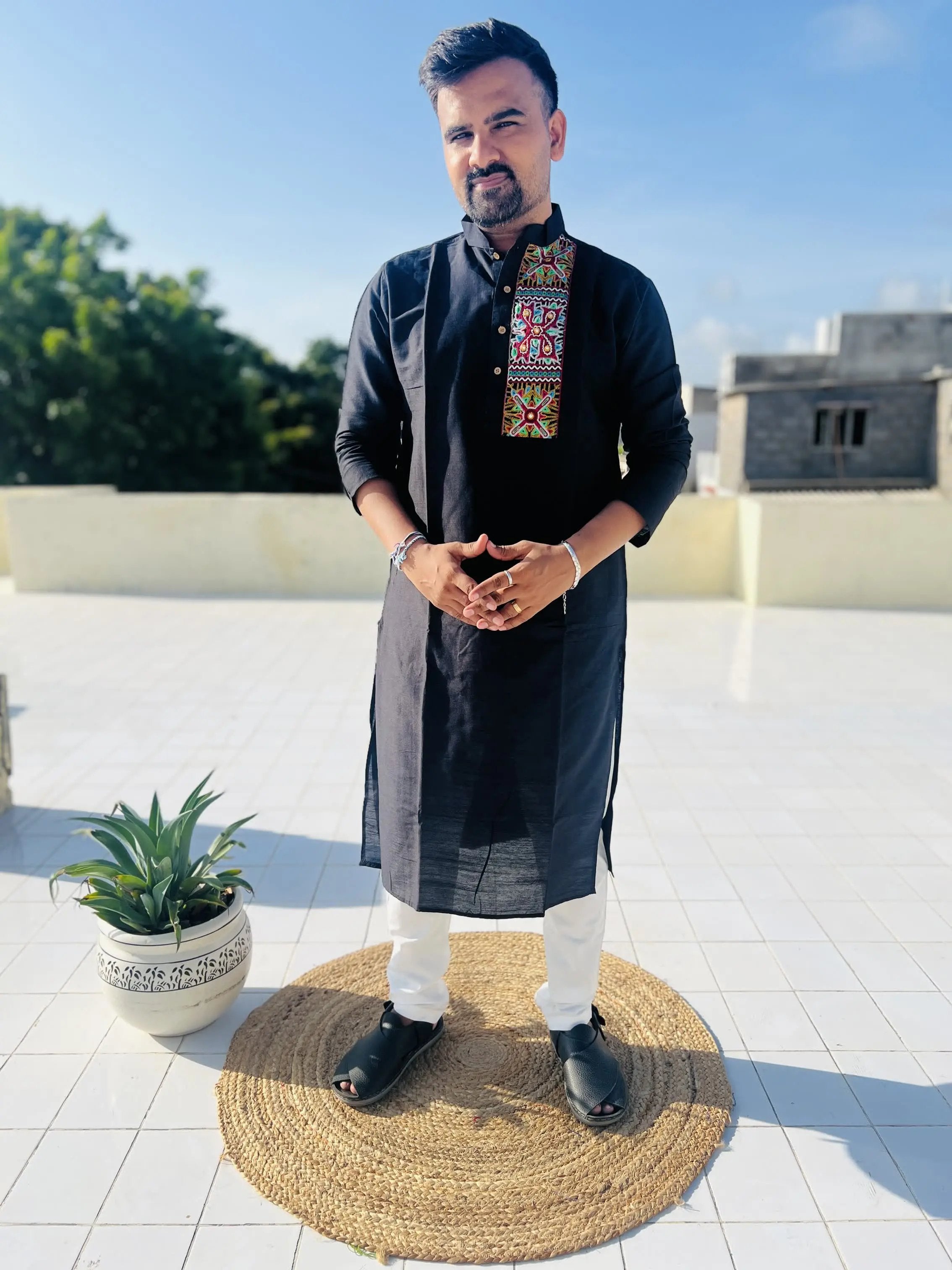 Black Raw Silk Plain Embroidered Men's Kurta RAKHIYO