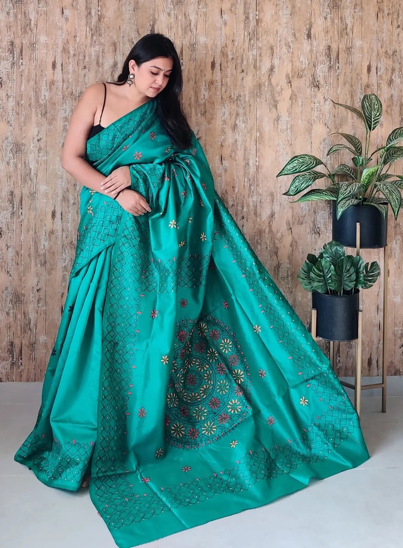 Sea Green Kutchhi Embroidered Kantha Saree RAKHIYO