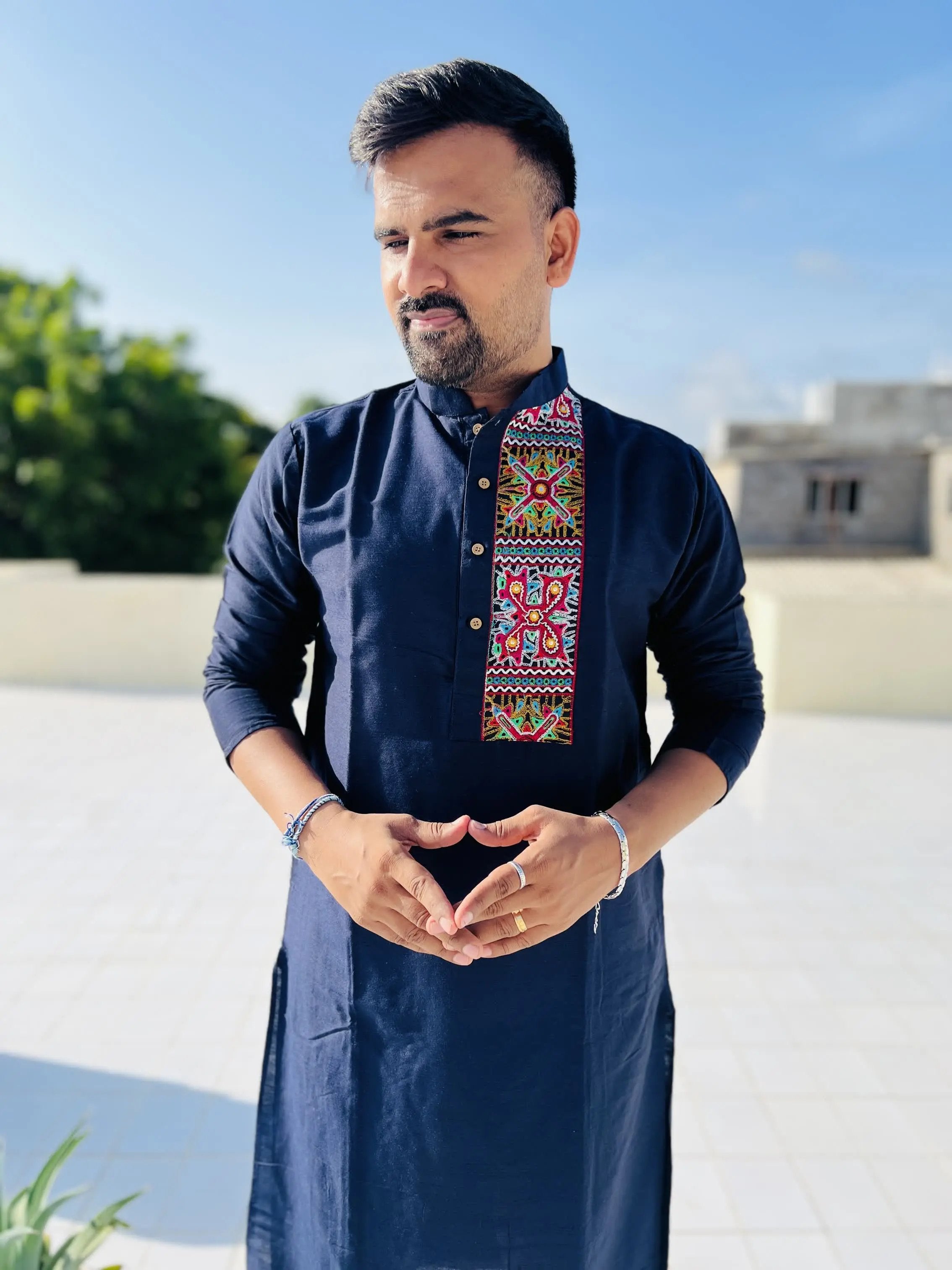 Navy Blue Raw Silk Plain Embroidered Men's Kurta RAKHIYO