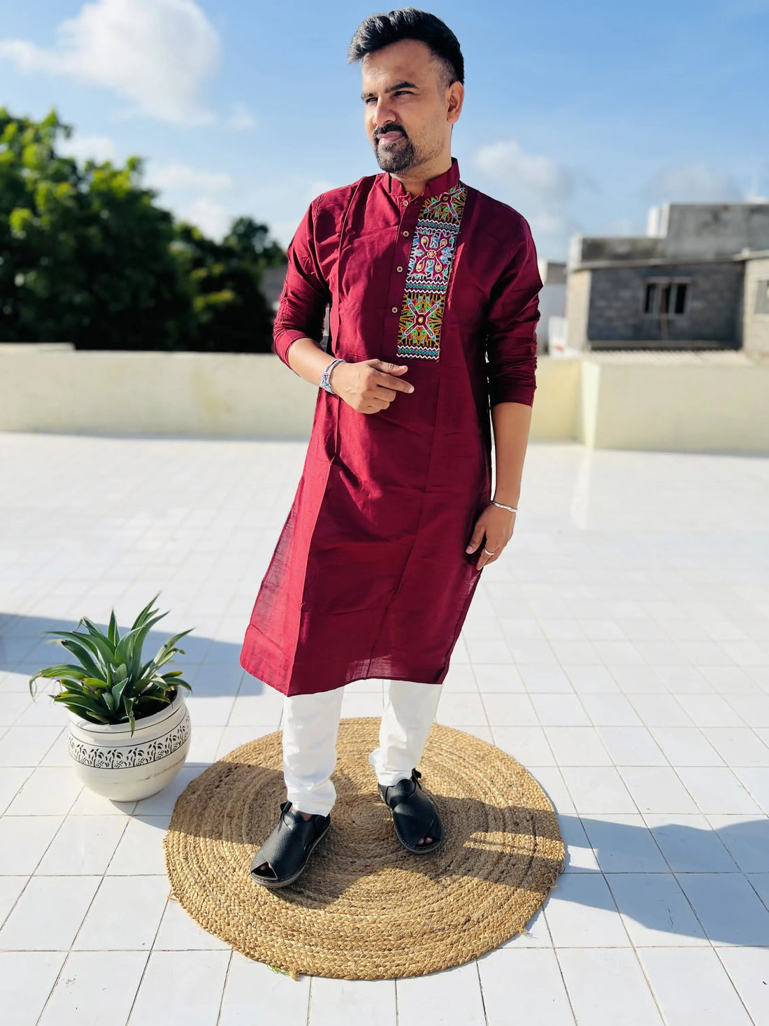 Maroon Raw Silk Plain Embroidered Men's Kurta RAKHIYO