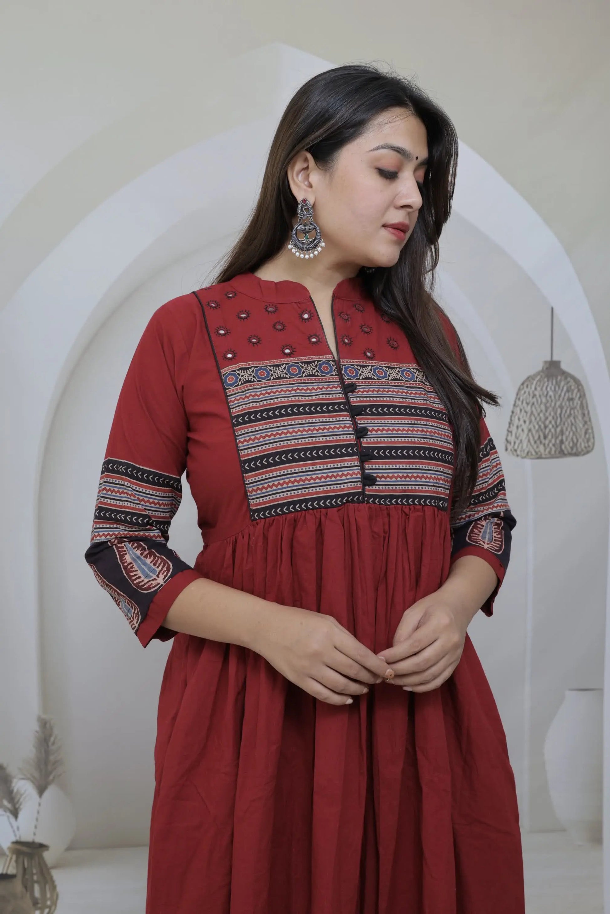 Anika Maroon Ajarakh & Mirror Cotton One Piece Kurti RAKHIYO